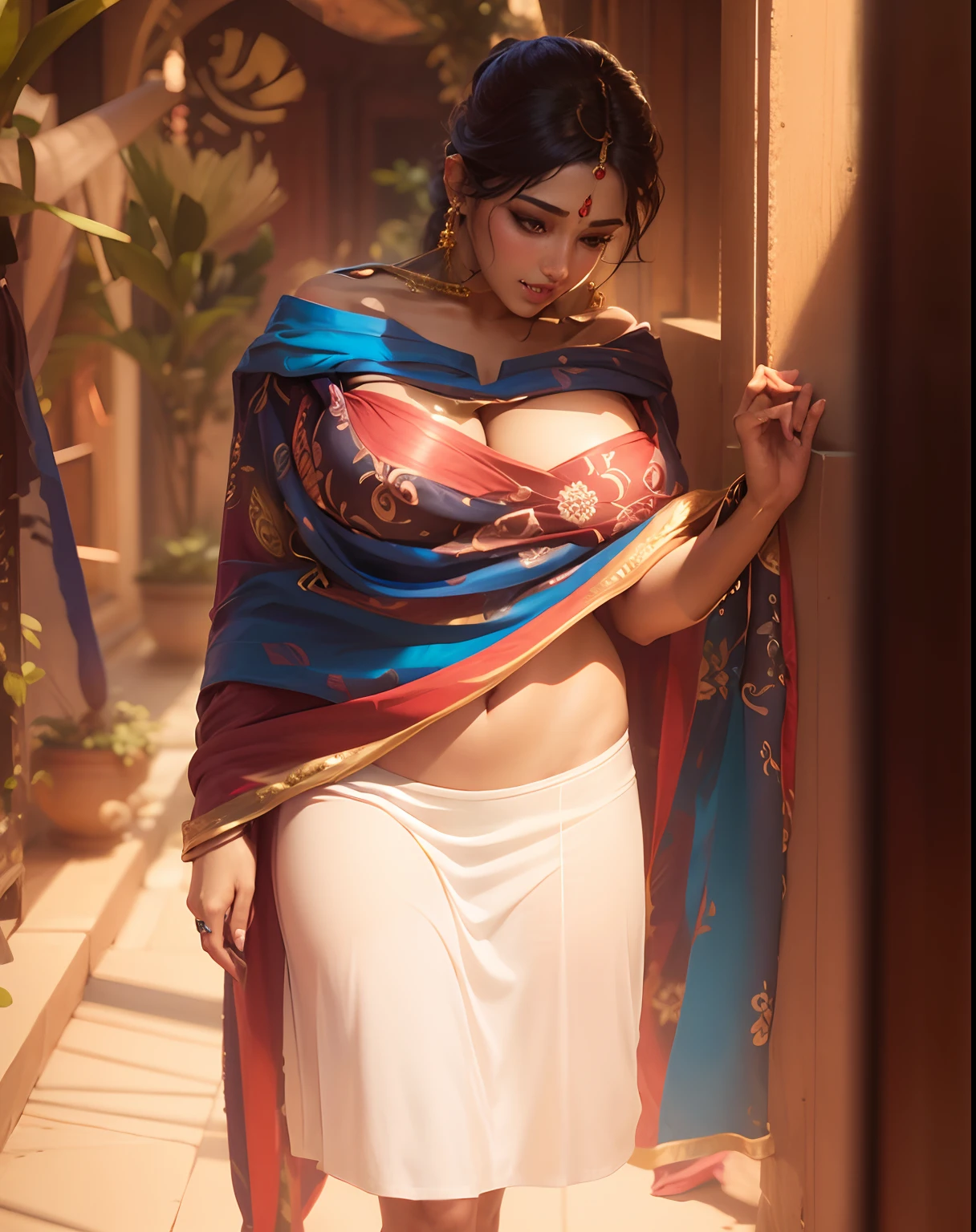 a woman in a sari posing for a picture, indian goddess, traditional beauty, indian, beautiful goddess, ornate cosplay, indian style, indian super model, beautiful maiden, gorgeous woman, south east asian with long, provocative indian, gorgeous beautiful woman, intricate outfit, hindu aesthetic, beautiful asian girl, extremely detailed goddess shot, jaw-dropping beauty, big boobs deep cleavage sexy navel, big boobs deep cleavage, sexy indian women, massive boobs in sexy bikni fusion full body