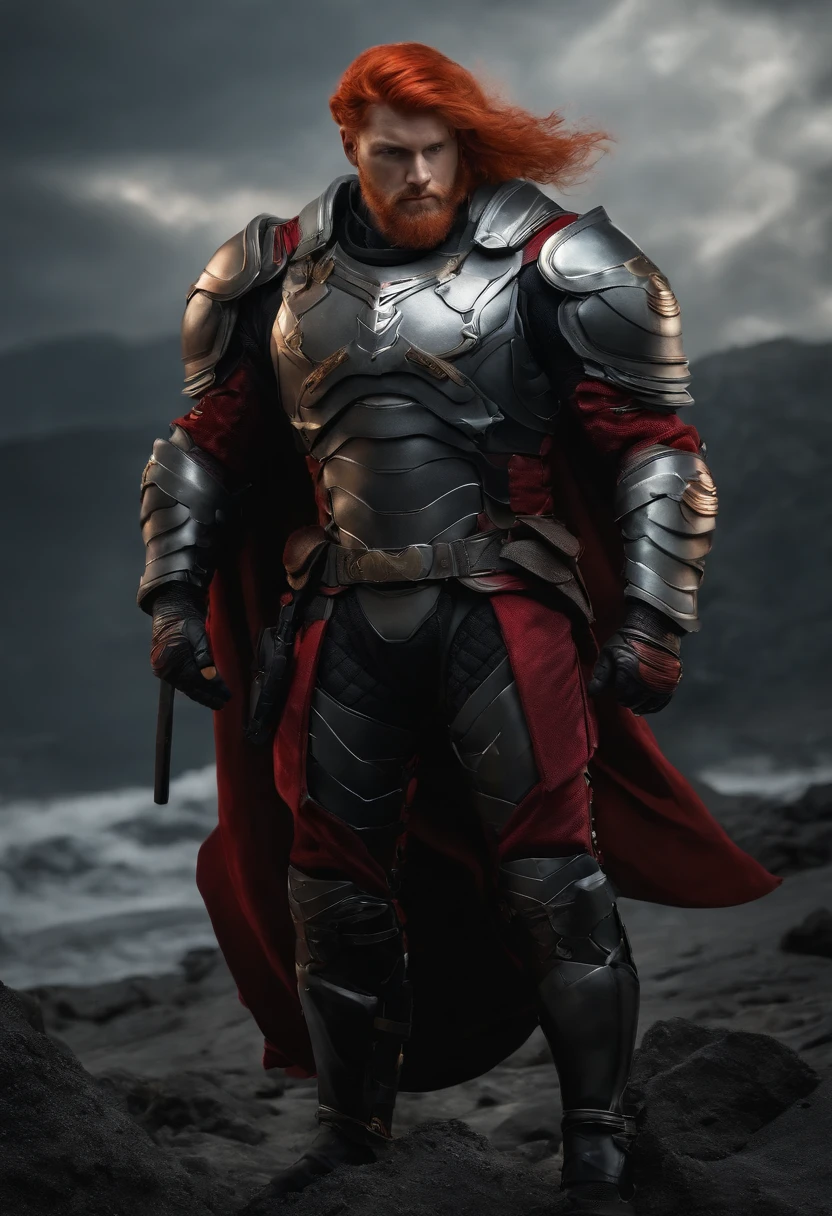 back armor view of a photo of a ((full body)) of a ((male)) super soldier, with stylized red hair, Huge body, strong mussels, wearing red and black armor, tk-char , grey background