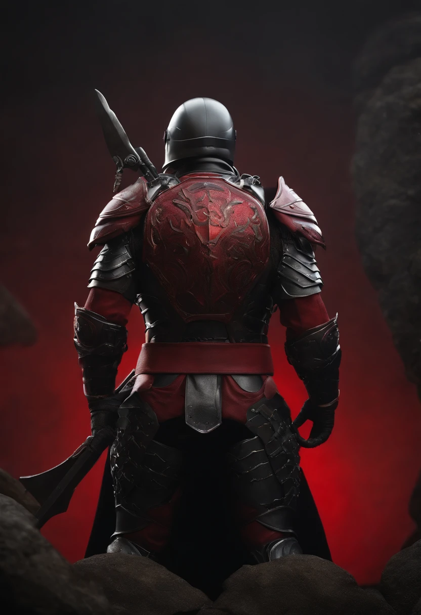 back armor view of a photo of a ((full body)) of a ((male)) super soldier, with stylized red hair, Huge body, strong mussels, wearing red and black armor, tk-char , grey background