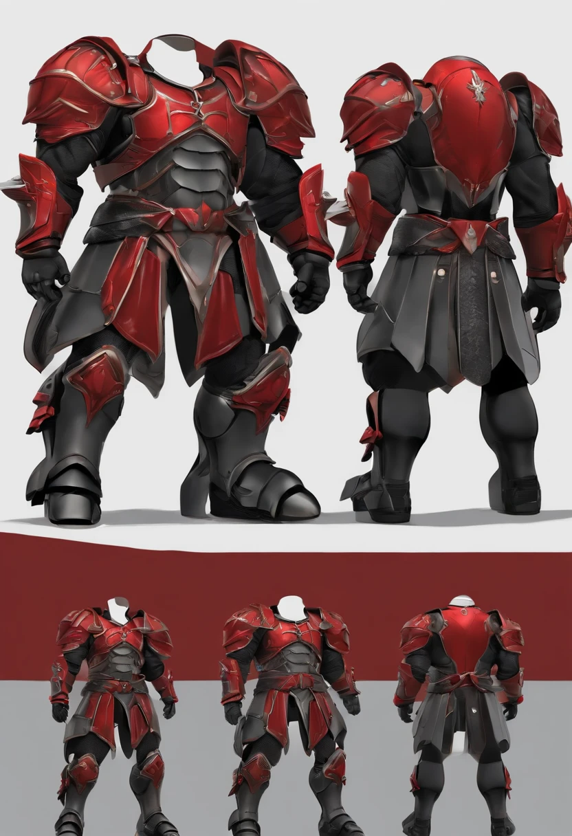 back armor view of a photo of a ((full body)) of a ((male)) super soldier, with stylized red hair, Huge body, strong mussels, wearing red and black armor, tk-char , grey background