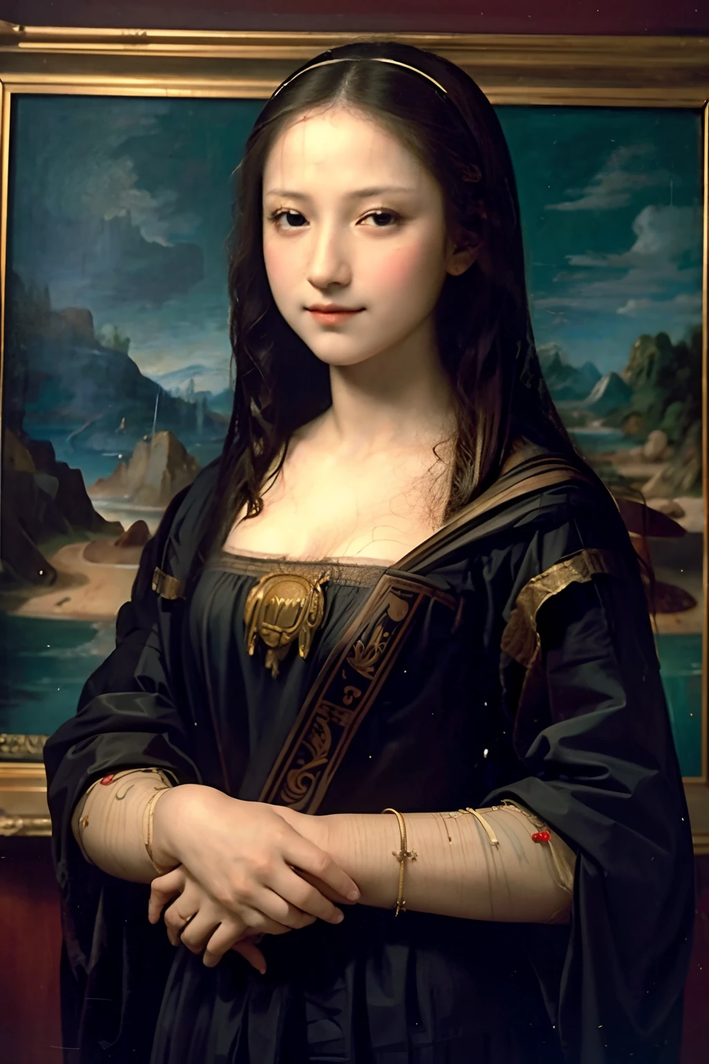 realistic image of monalisa painting, sexy, hot breast, natural skin look, canon 3.5 mm image photo
