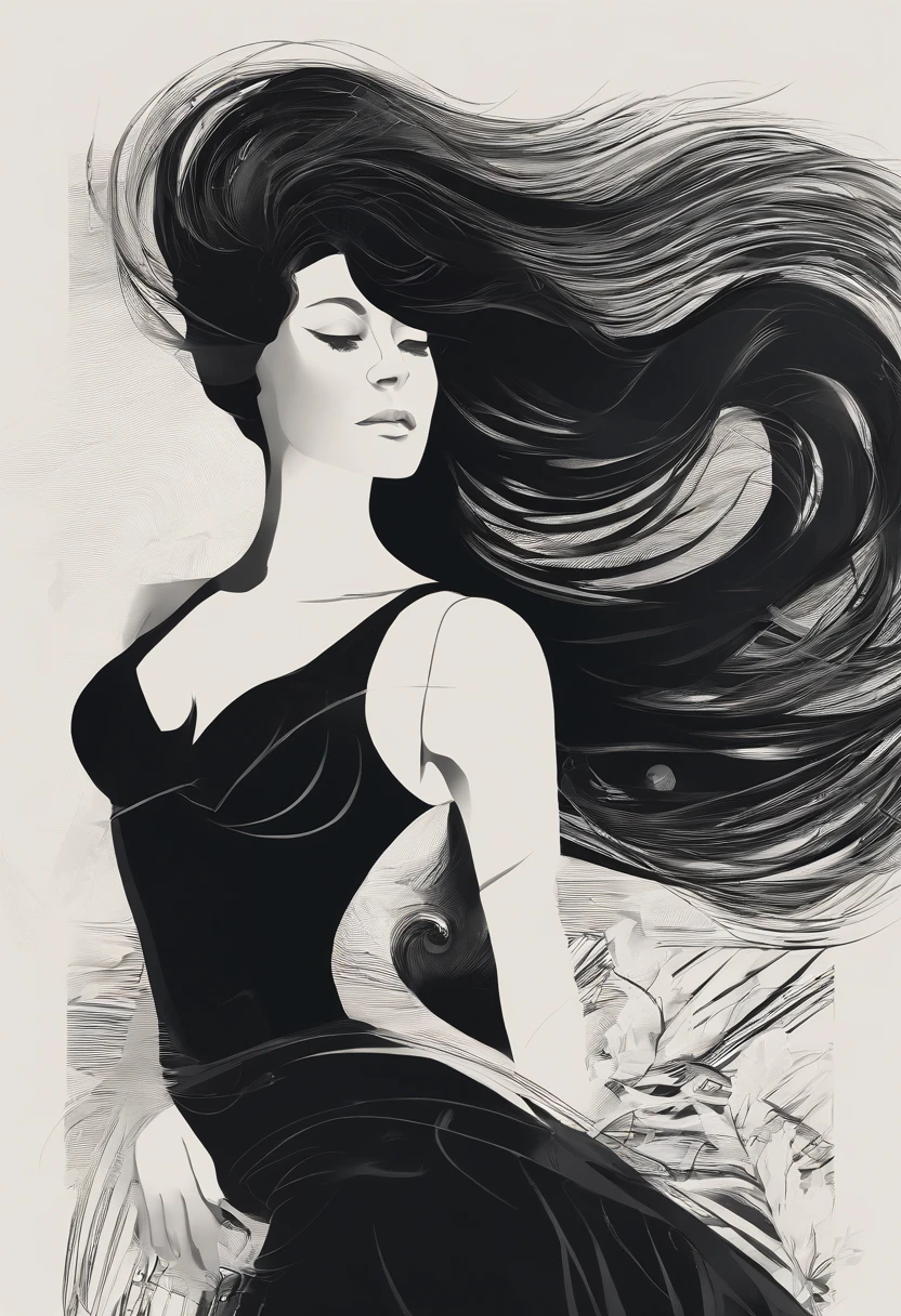 A woman playing a piano　Black sleeveless dress　Hair fluttering in the wind　Eyes are sideways　Black Long Hair　No bangs　The hair is divided into the central part　Solid white background　photo-like