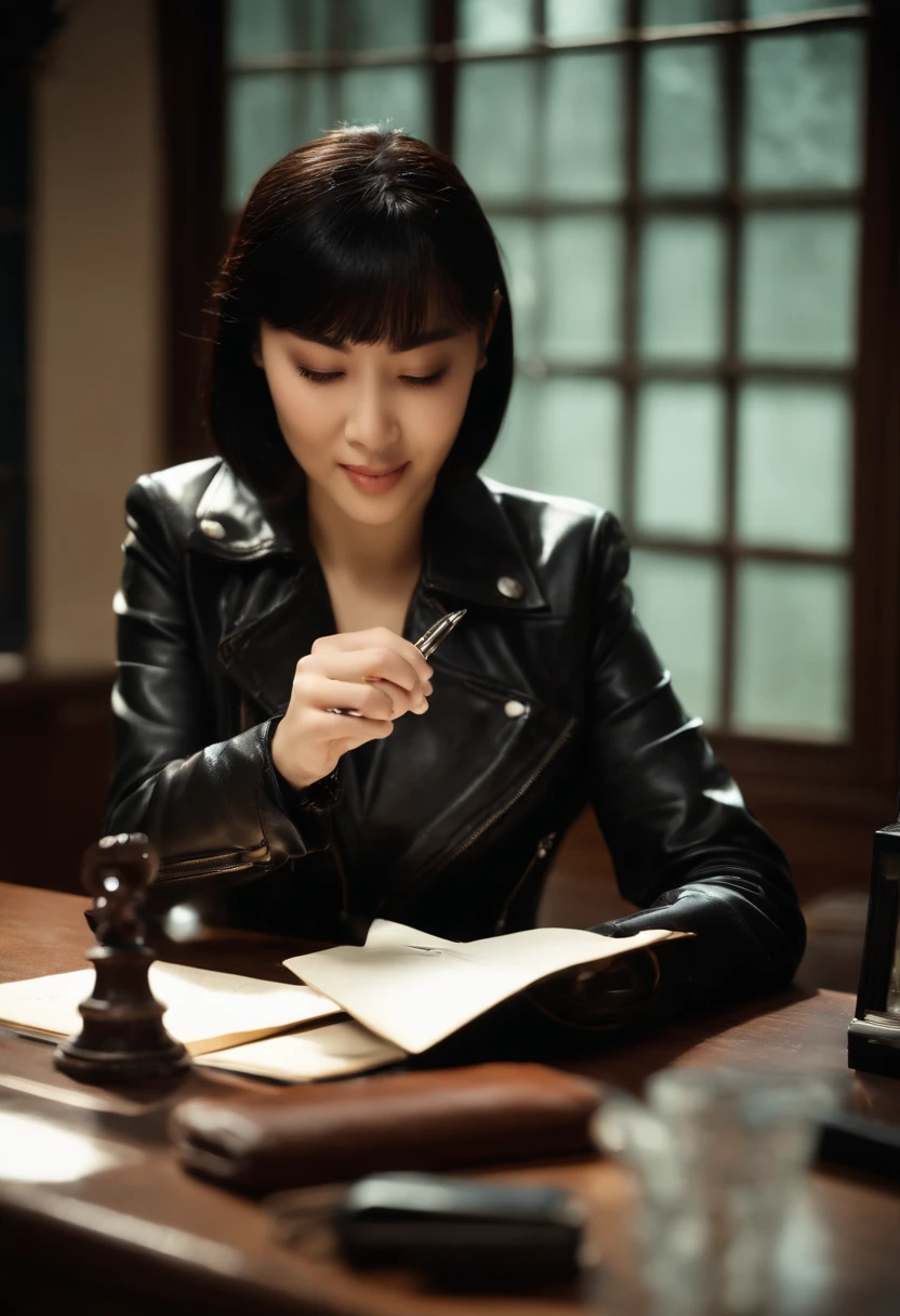 Wearing black leather gloves on both hands, Upper body, Black Leather Riders Jacket, Facing the desk in the study, Look down and smile, Use a fountain pen to write a letter, Black hair long straight, Young japanese lady (Black leather gloves cover both hands)