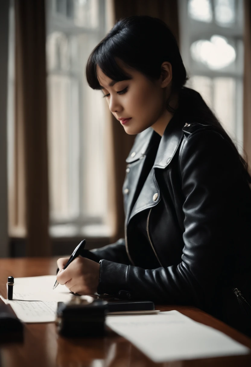 Wearing black leather gloves on both hands, Upper body, Black Leather Riders Jacket, Facing the desk in the study, Look down and smile, Use a fountain pen to write a letter, Black hair long straight, Young japanese lady (Black leather gloves cover both hands)