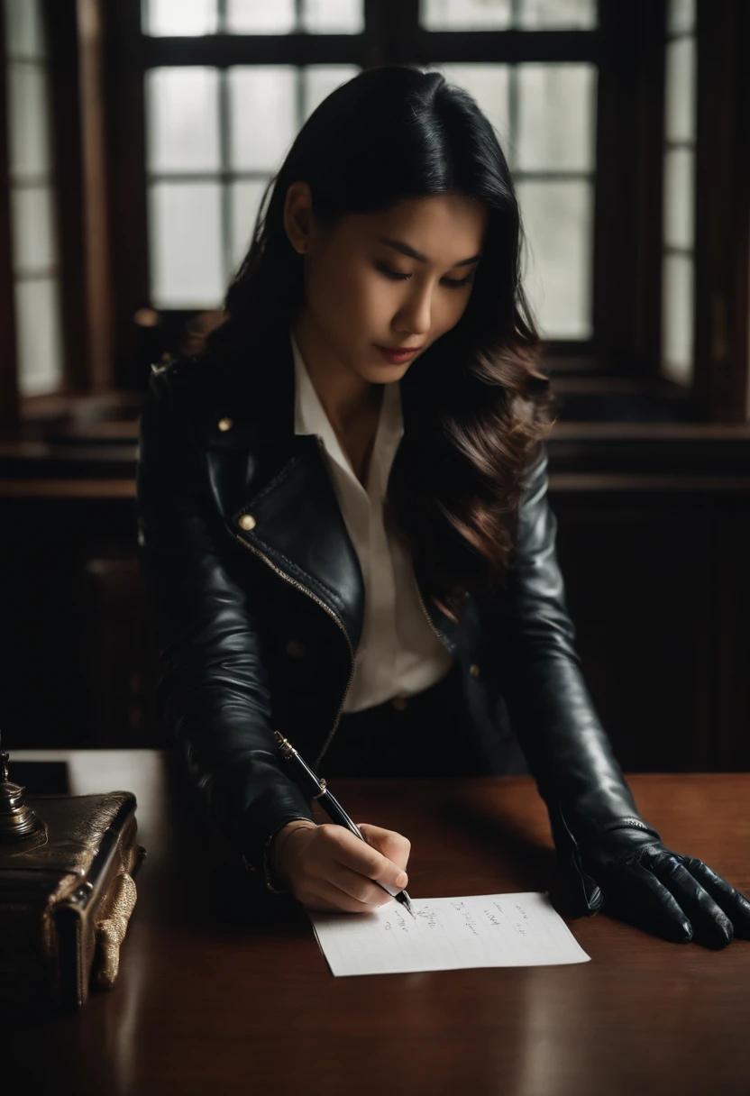 Wearing black leather gloves on both hands, Upper body, Black Leather Riders Jacket, Facing the desk in the study, Look down and smile, Use a fountain pen to write a letter, Black hair long straight, Young japanese lady (Black leather gloves cover both hands)