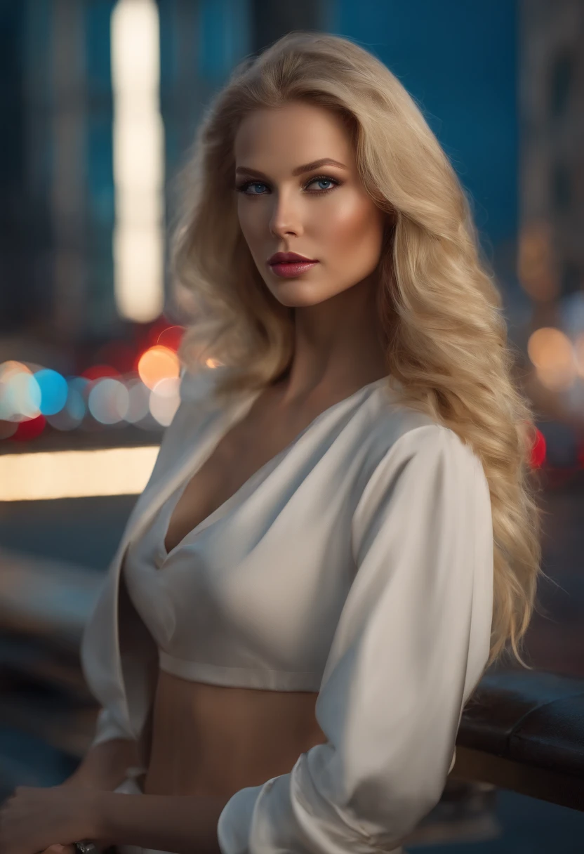 Gorgeous woman with long wavy blonde hair chest 95d, Detailed seductive blue eyes, longues jambes sexy, porter des shorts minuscules et tenues sexy, T-shirt crop top rouge, ((Detailed facial features)), (finely detailed skin), pale skinned, realistic skin texture, extreme skin details, (Pores:0.1), in the background beautiful futuristic cyberpunk city, best quality masterpiece, photoreallistic, Hyperrealistic, Detailed, 8k, Hdr, (Couleur douce: 1.2), faible profondeur de champ, broad light, high contrast, contre-jour, fleurir, light sparkles, aberration chromatique, mise au point nette, Photo couleur RAW, without background blur