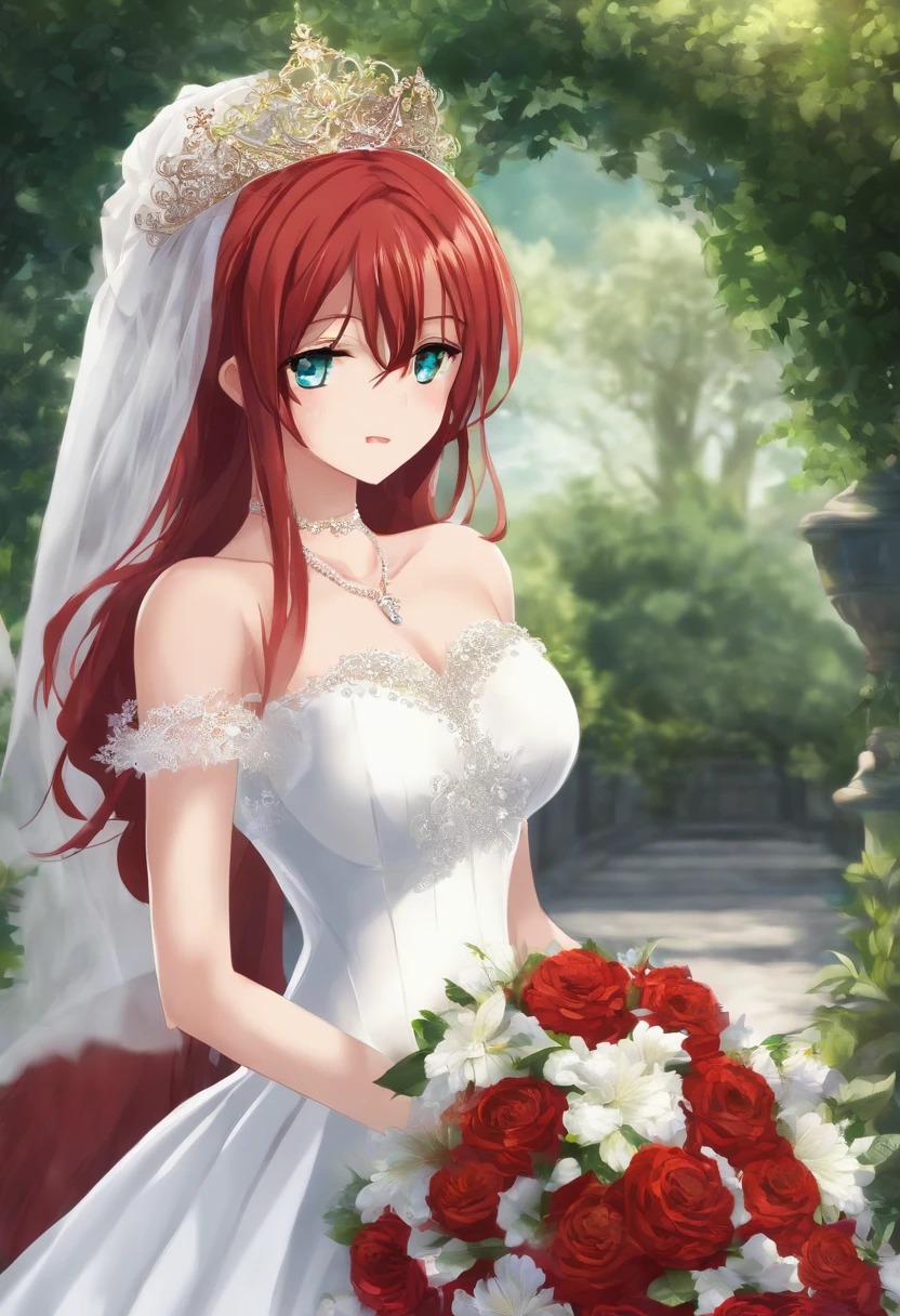 1girl in, masutepiece, hight resolution, Sonic Edge_Rias_GREMORY, ((wedding dress, chies, Bridal Veil, Wedding, bouquet))