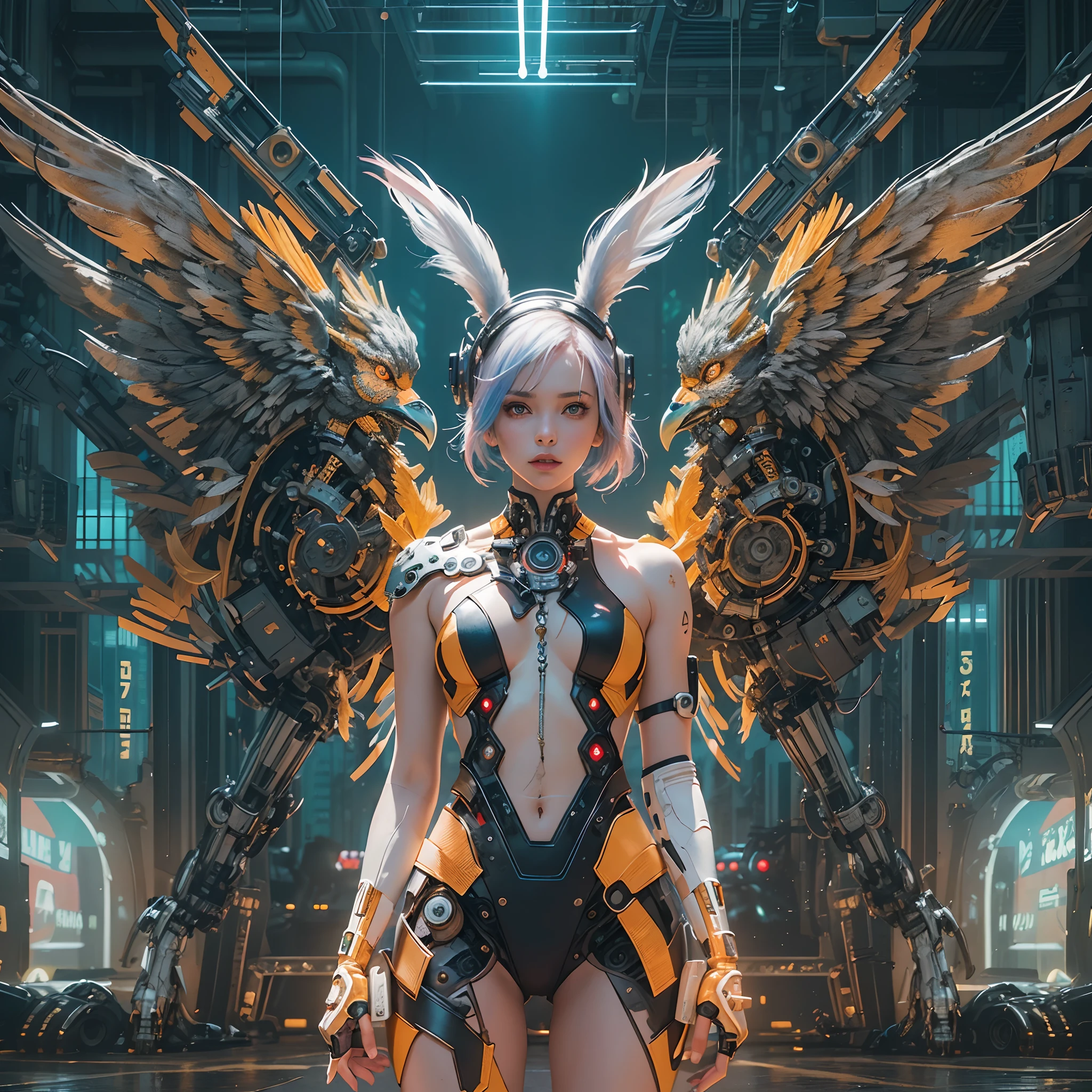 (wide wide shot),(Best quality,Masterpiece:1.2),(Futuristic cyborg woman), (Rabbit ears),bright colored hair,((A pair of huge feathered wings)),Her wings are a marvel of technology, A combination of a sturdy metal frame and a delicate translucent film,((Metal gears inside the mechanical body)),(Footwear),Slim,Shiny metal。(Facing the lens,Central symmetry),standing on your feet,(No man's street),Vibrant colors,Light trails and neon lights in the background,Science fiction art style.The lighting is dramatic, Bright areas contrast strongly with deep shadows, creating a sense of depth and dimension. The overall composition is vibrant and captivating, Centered on cyborg girls, Exude power, Grace, There is also a touch of mystery.