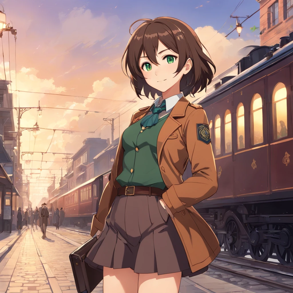 Facing the Reader, Camera at Chest Height, Investigative Journalist Attire with Brown Outfit and Patches, Piper Wright, Revolver Holstered on Waist, Smiling Expression, Green Eyes, Dark Brown Shoulder-Length Hair, Victorian Era Steampunk Setting with Victorian Street, Passing Steam Train, and Flying Airships