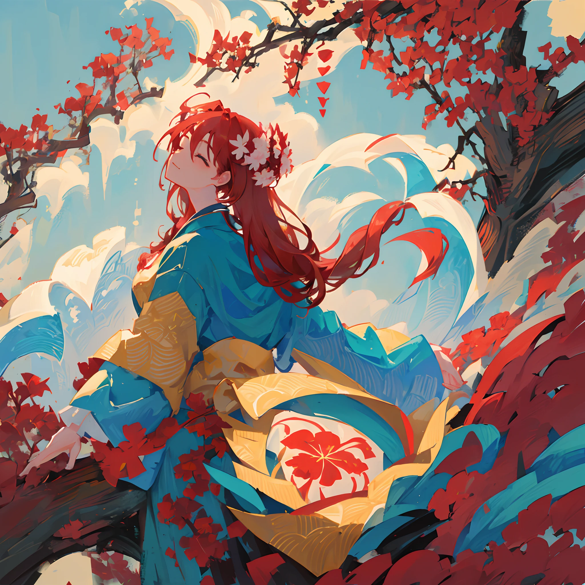 ((solo)), ((close-up side profile)) of a girl with eyes closed, ((head tilted up)), red hair that is tied up, (faint smile), flowing hair, burning flower on hair, falling petals, kimono, flowing cloth