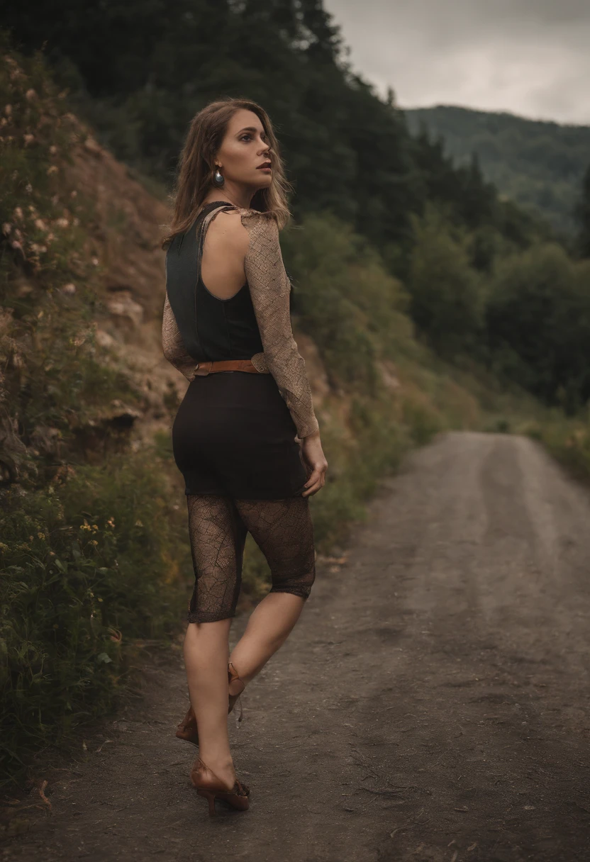 A woman poses for a photo,Full body photo,The arms are behind the head,The horse crouched on the ground,1个Giant Breast Girl,Fishnet suspender stockings,fishing nets,Halftones,halftone background,Full body photo,cparted lips,looking at viewert,独奏,vests