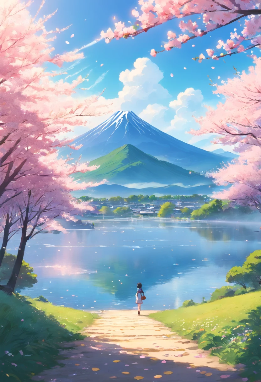 Big field with Sakura trees and Sakura petals falling down, with a misty mountain on the back, with a lake in the middle of the scene, the scene is set at noon when the sunlight is creating a beautiful illumination