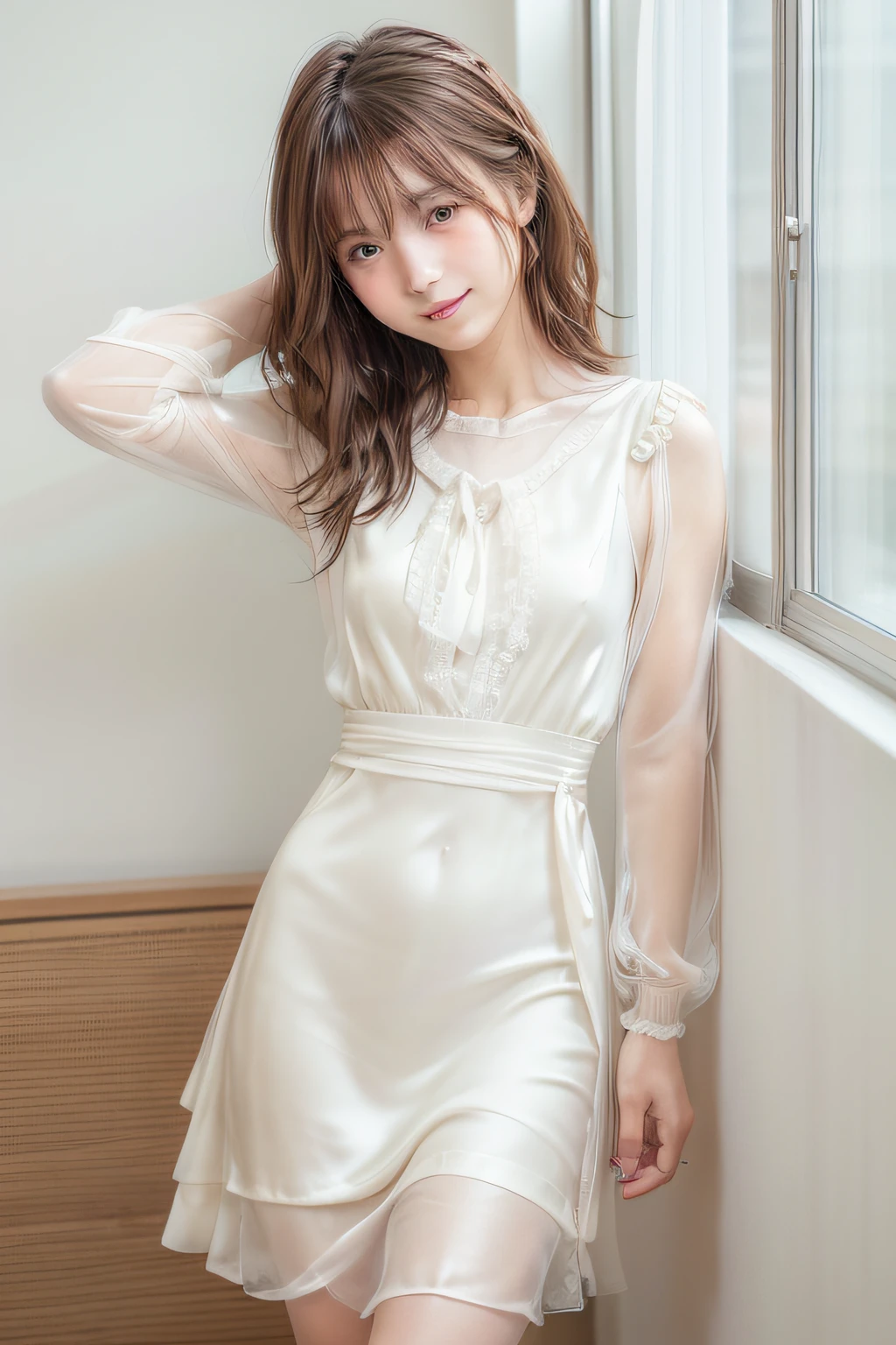 ((Top image quality、8K、masterpiece:1.3))、Realistic high-quality photos、top-quality、girl cute-fine face、 beautiful Japan girl、Photo of slim little girl Beautiful girl model、young japanese girl、Young cute face、japanaese girl、13-year-old femaleodeautifModel Girl、The innocent look of the girl next door、lovely delicate face、Brown hair、Beautiful brown eyes、Tear bag、drooing eyes、young body、(Full body shot), ((Silk Hot White Color Dress:1.3)), tight fit dresses, ((laced dress)), smile
