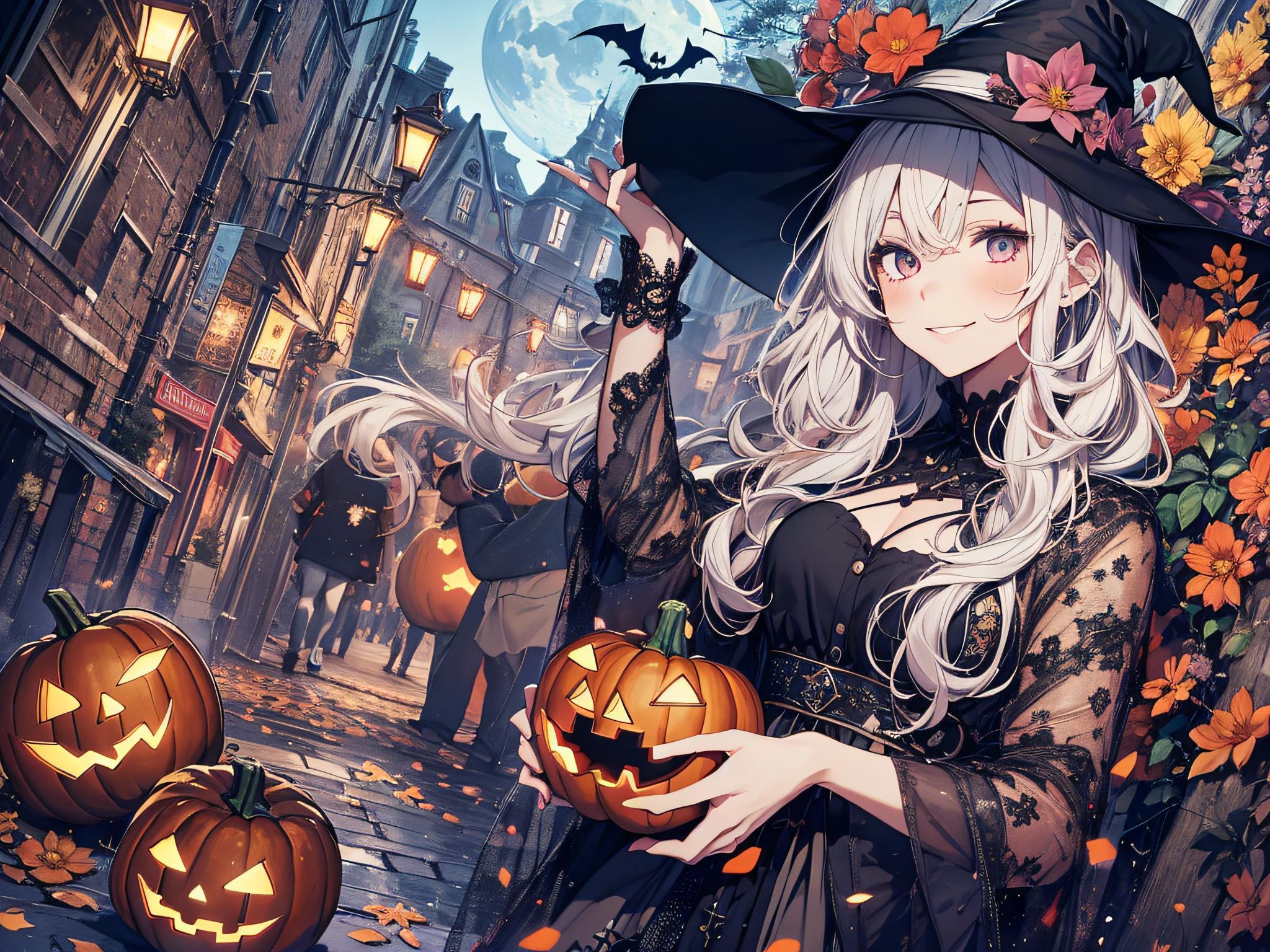 (Sky blue braided medium length hair), (Pink eyes),Fair skin) ,(whole body),(One Girl),(Crescent Moon),(A large number of pumpkin ghosts in the background),(Trick or Treat),Halloween Party),(masterpiece, Highest quality, Very detailed, Best Shadow), (Detailed Background), (Beautifully detailed face), High Contrast, (Best lighting, Very delicate and beautiful), ((Cinematic Light)), Hyper Detail,8k, Dramatic Light, Intricate details,Witch's Clothes,Magic broom,night,Bats fly in the sky,