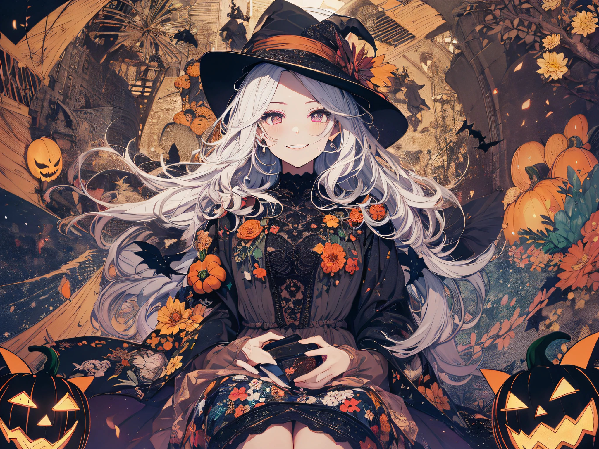 absurdres, highres, ultra detailed, (1girl:1.3) , Halloween witch, ((lovely smile)),wizard robes, wizard hat, Jack o'lantern, night, moon lighting,
BREAK, Halloween atmosphere,
 , kaleidoscopic imagery, symmetrical patterns, vibrant colors, geometric shapes, mesmerizing designs, optical illusions, dynamic composition
BREAK
, pantomime art, expressive body language, silent storytelling, evocative gestures, visual narratives, theatrical performances
BREAK
, blooming pumpkins, colorful petals, fragrant scents, nature's bounty, vibrant gardens, peaceful scenery,(wide angle:1.5)