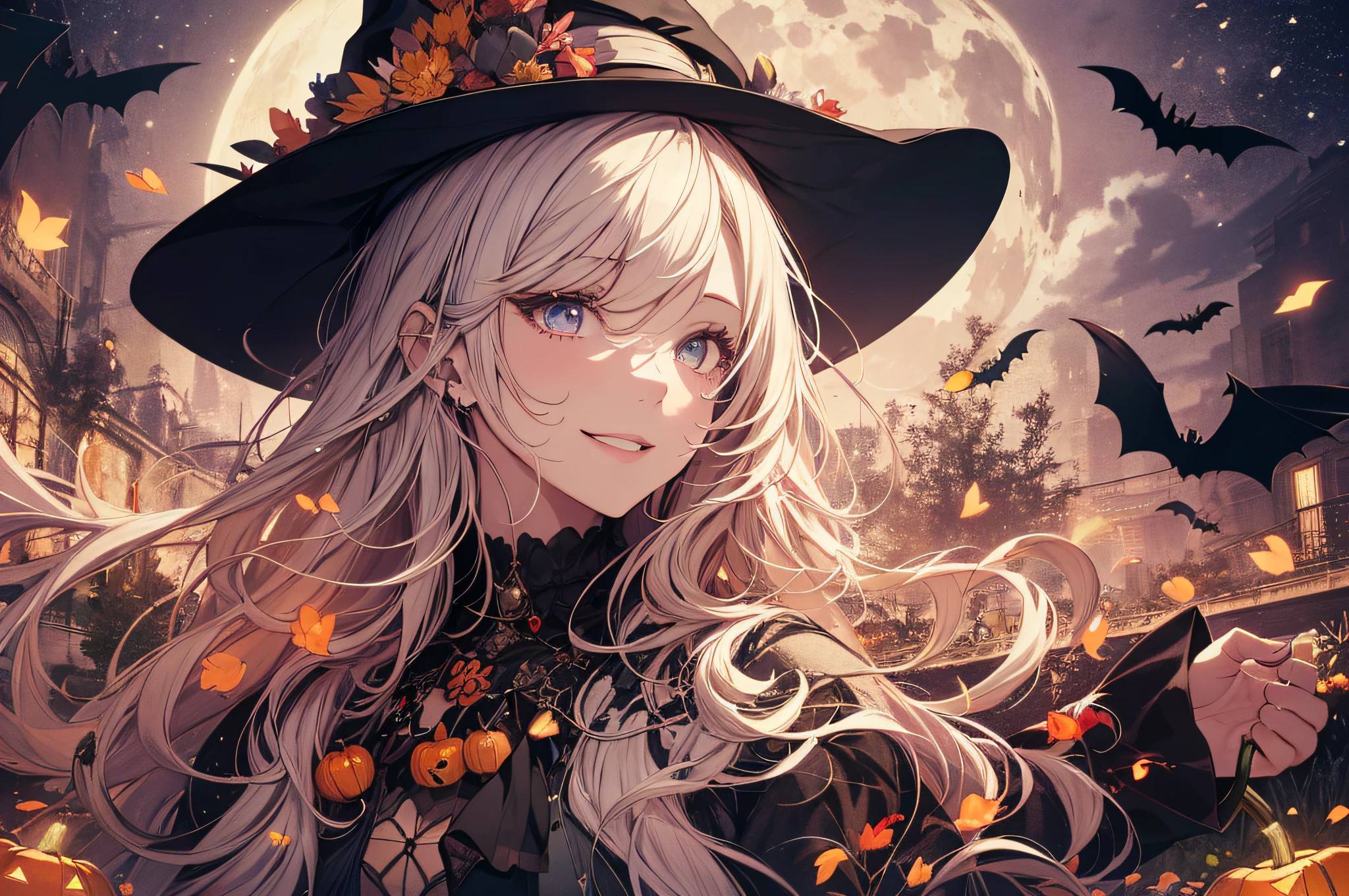absurdres, highres, ultra detailed, (1girl:1.3) , Halloween witch, ((lovely smile)),wizard robes, wizard hat, Jack o'lantern, night, moon lighting,
BREAK, Halloween atmosphere,(half body image:1.5),
, kaleidoscopic imagery, symmetrical patterns, vibrant colors, geometric shapes, mesmerizing designs, optical illusions, dynamic composition
BREAK
, pantomime art, expressive body language, silent storytelling, evocative gestures, visual narratives, theatrical performances
BREAK
, blooming pumpkins, colorful petals, fragrant scents, nature's bounty, vibrant gardens, peaceful scenery,(wide angle:1.5)