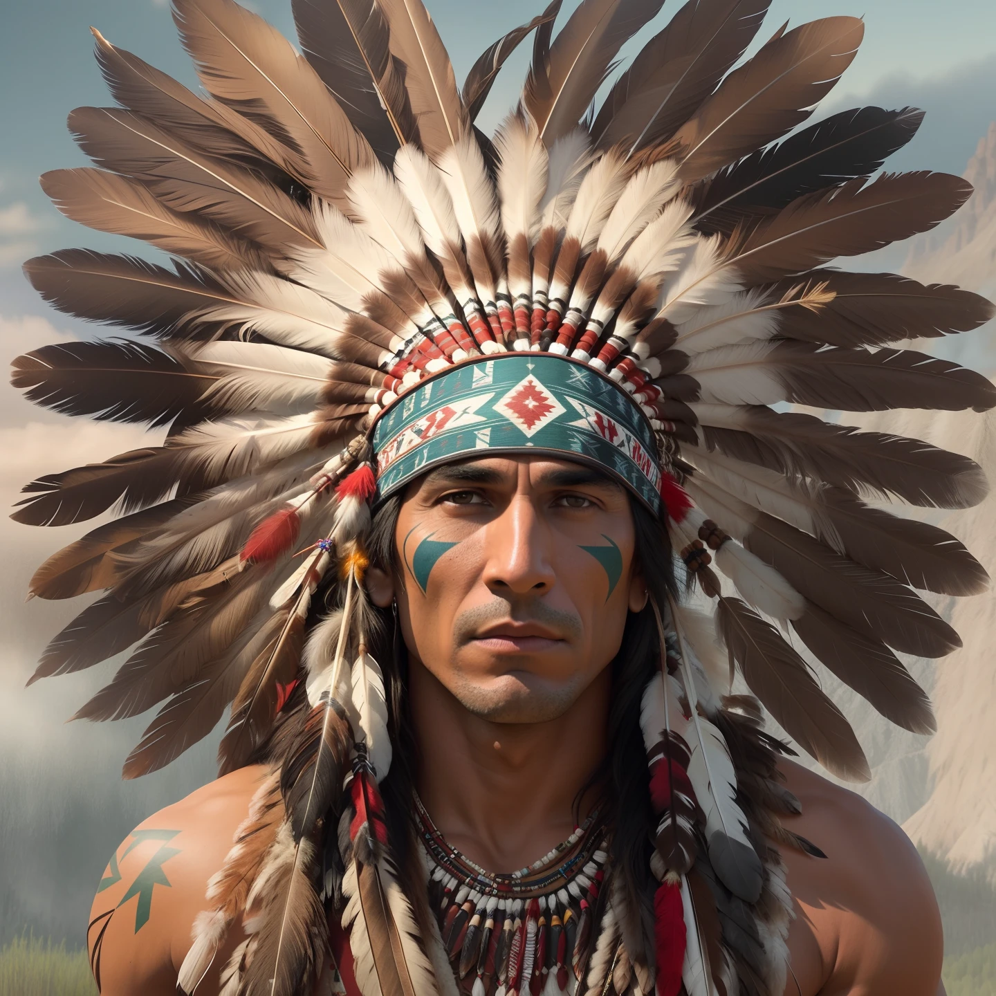 Extremely perfect and humanized hyper-realistic cinematic image of a Native American man with feathers on his head, Indian warrior, Nativo americano, Guerreiro nativo americano, Arte nativa americana, INDIAN, Um guerreiro nativo americano, american indian headdress, nuvem vermelha, Arte nativa, cena de filme hd, eagle feather, cena de filme hd, amazing hyperrealistic image, : native american shamen fantasy, Chapelaria Nativa Americana de Penas, cena de filme estilo DC