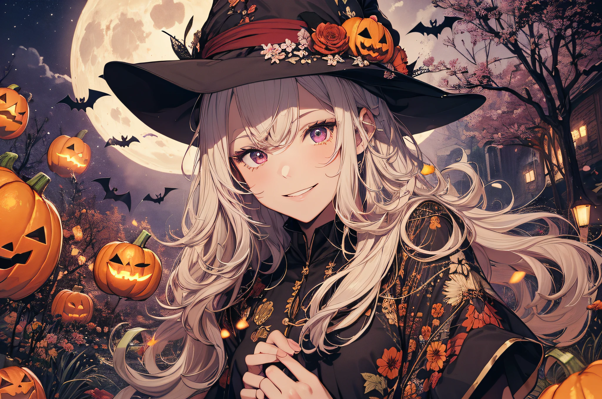 absurdres, highres, ultra detailed, (1girl:1.3) , Halloween witch, ((lovely smile)),wizard robes, wizard hat, Jack o'lantern, night, moon lighting,
BREAK, Halloween atmosphere,
, kaleidoscopic imagery, symmetrical patterns, vibrant colors, geometric shapes, mesmerizing designs, optical illusions, dynamic composition
BREAK
, pantomime art, expressive body language, silent storytelling, evocative gestures, visual narratives, theatrical performances
BREAK
, blooming pumpkins, colorful petals, fragrant scents, nature's bounty, vibrant gardens, peaceful scenery,(wide angle:1.5)