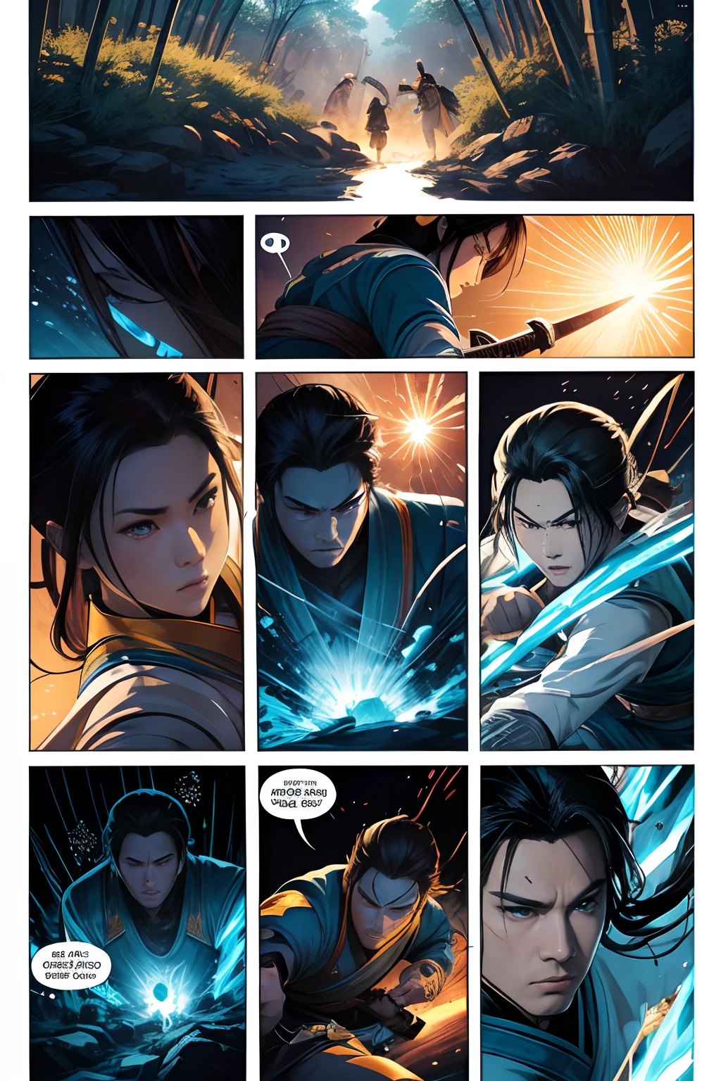 (illustration)comic page,There are multiple panels on the page:《The legend of the Shushan swordsman》cinematic ligh,Ancient male swordsman,Clear facial features,The eyes are grim,Blue-white tuned tunic,Holding a sword in hand, It shows the clear lines of the film。Multiplayer fighting action,Vivid lighting,Vivid colors。lightand shade contrast。【Wide-angle lens burst】::Battle of the Bamboo Forest,breathtaking moment,Loose shot - niji 5 --Q 2 --- 16K。 (Comics-like panel layout, Voice balloons, English text, Hand drawn sound effect stickers used in comics)