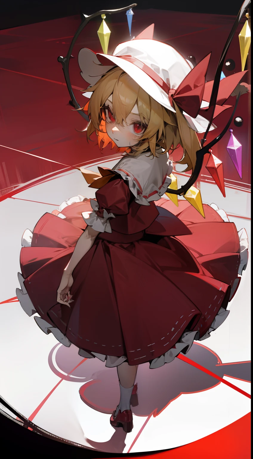 Flandre Scarlet Sky hat stands looking into the camera night