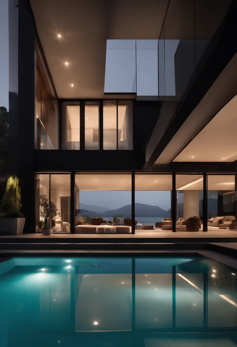 A house with a sense of futuristic technology,Three-story building,Facing the mountains,Facing the lake,Huge swimming pool,Modern architectural style, ultra detailed photographic,buliding,Convoluted,Shadowing, HighDynamicRange,Dynamic lighting, Photorealista, natural soft light, Low H, tmasterpiece, detailed 8k,There are so many details,Large floor-to-ceiling glass,Fusion of technology and the natural environment,Has a super cool look,