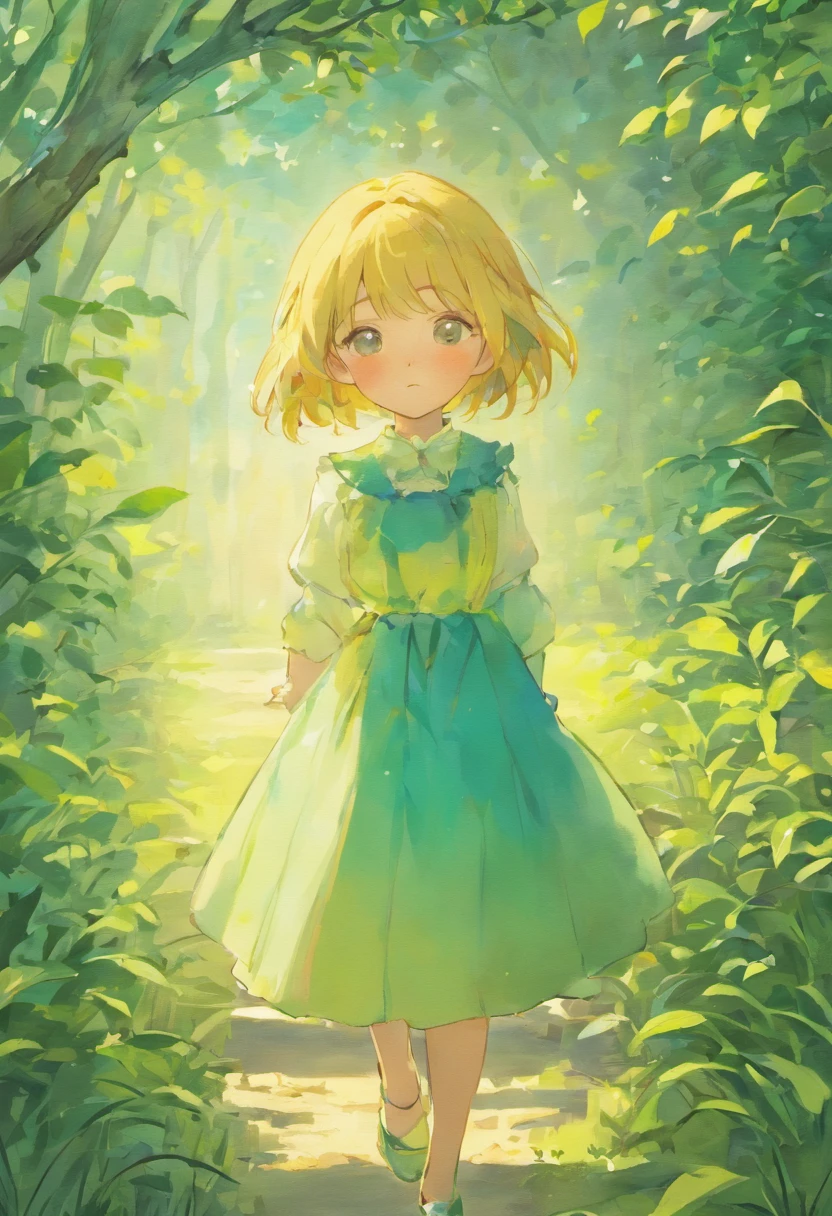 Illustration of a picture book in the style of Beatrix Potter, Shows a girl in the garden.Girl Blonde Hair, hairstyle is short bob, The girl wears only a green dress,There is no white color in the dress, Angle from the side, Girls are looking at this, Anatomically correct pose, The illustrations are attractive and exquisite, Soft colors and details.
