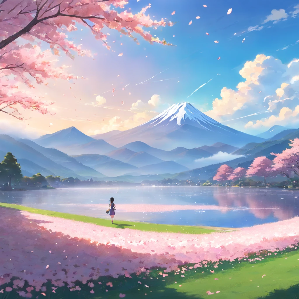 Big field with Sakura trees and Sakura petals falling down, with a misty mountain on the back, with a lake in the middle of the scene, the scene is set at noon when the sunlight is creating a beautiful illumination