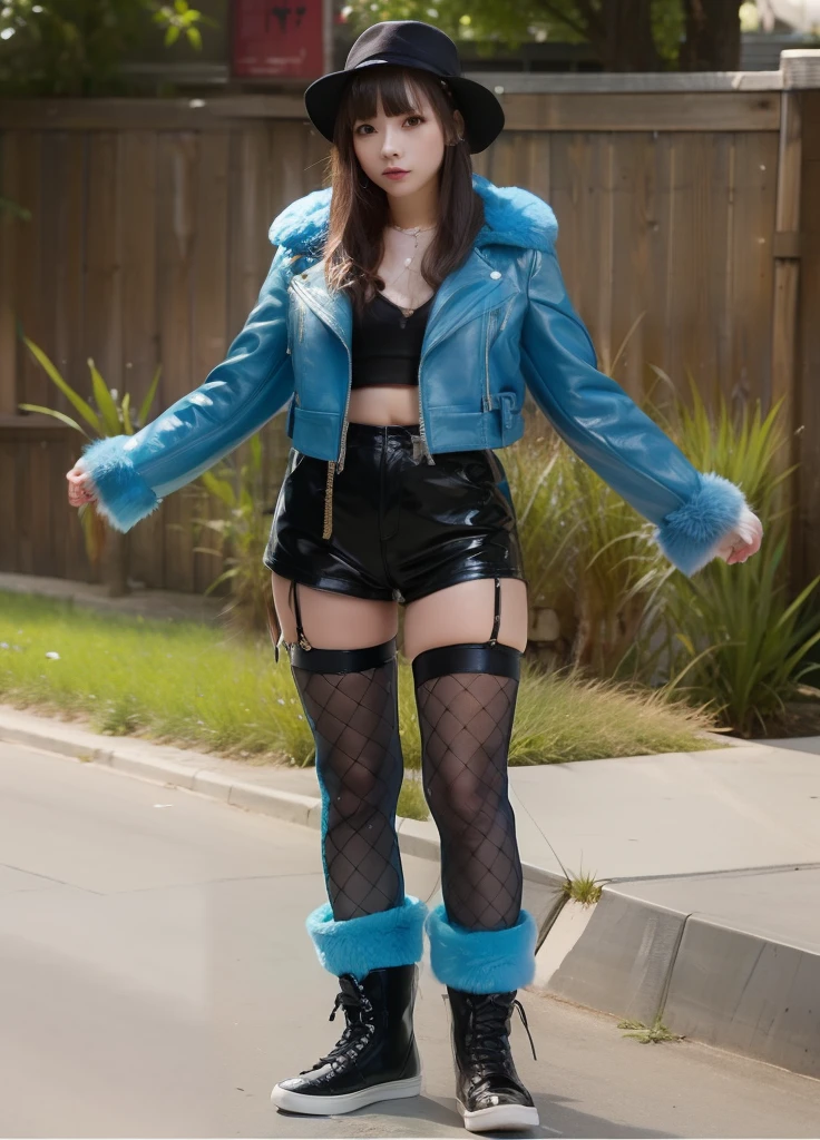 、Young woman in punk fashion、large full breasts、beautiful foot、、、Good Style、、Light blue leather fur jacket、Snakeskin Shorts、、fishnet tights、