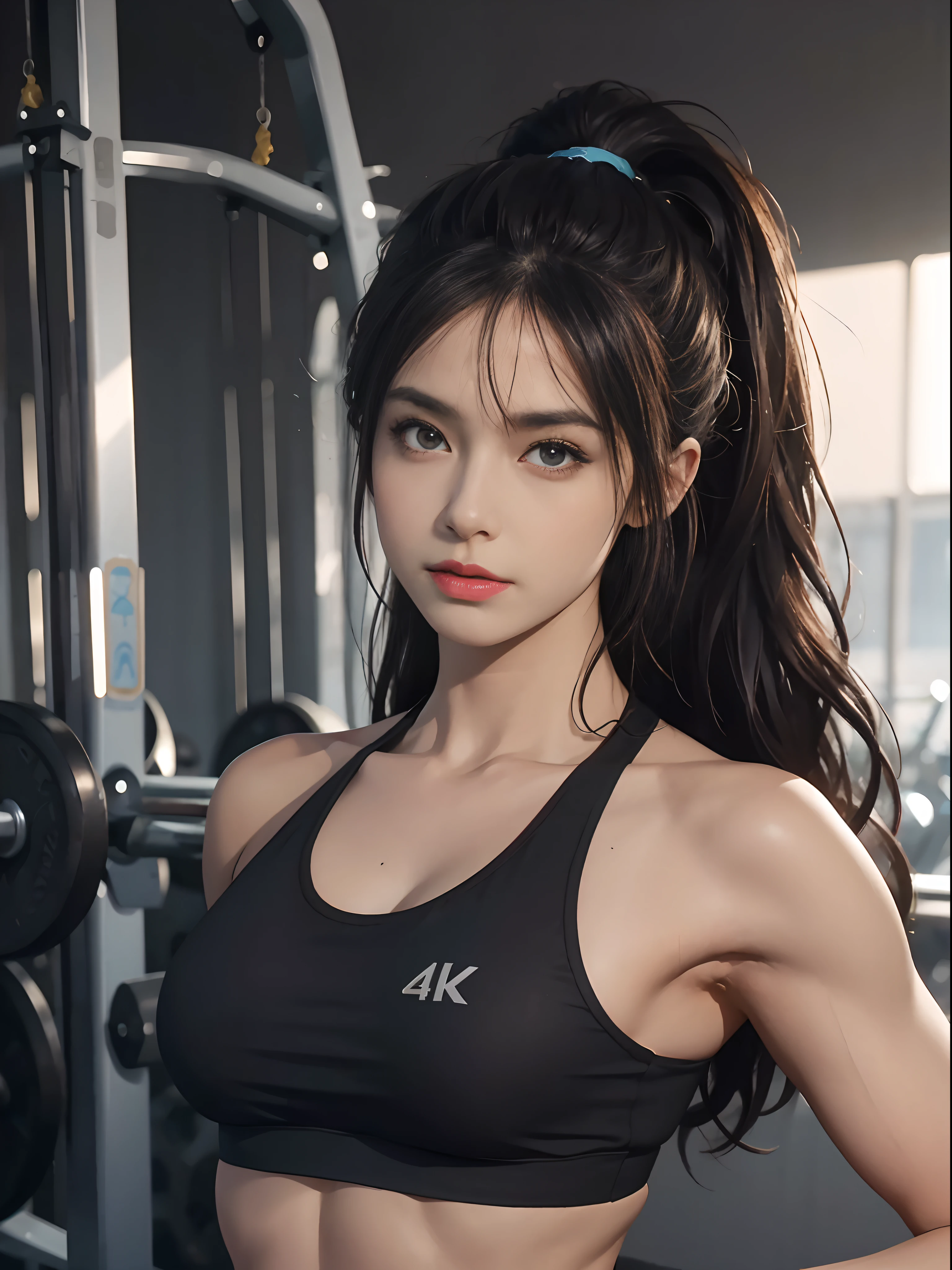 Portrait Photogram,The background is blurred out,hight contrast,high saturated,A woman who is,Muscles throughout the body,The muscles are well defined,Hold the barbell,in the gym,Fitness,hentail realism,ultra-realistic realism,Real portraits,4K,8K,Volumetriclighting