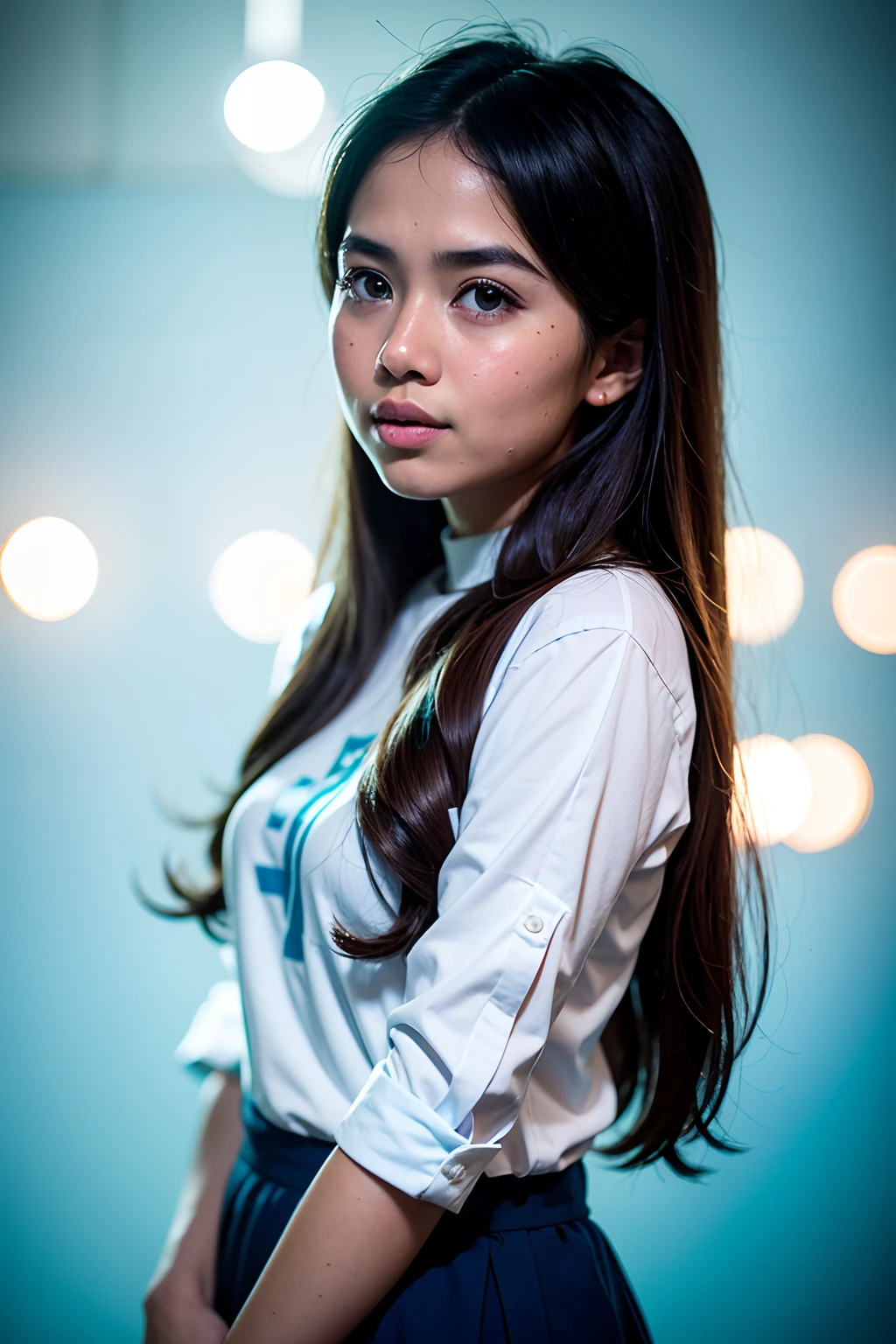 1 malay girl , long golden brown hair, shy, medium portrait shot , watery eyes , blue glowing particles, wear pastel blue high waist pants and white shirts, blue bokeh light background, bright front light,