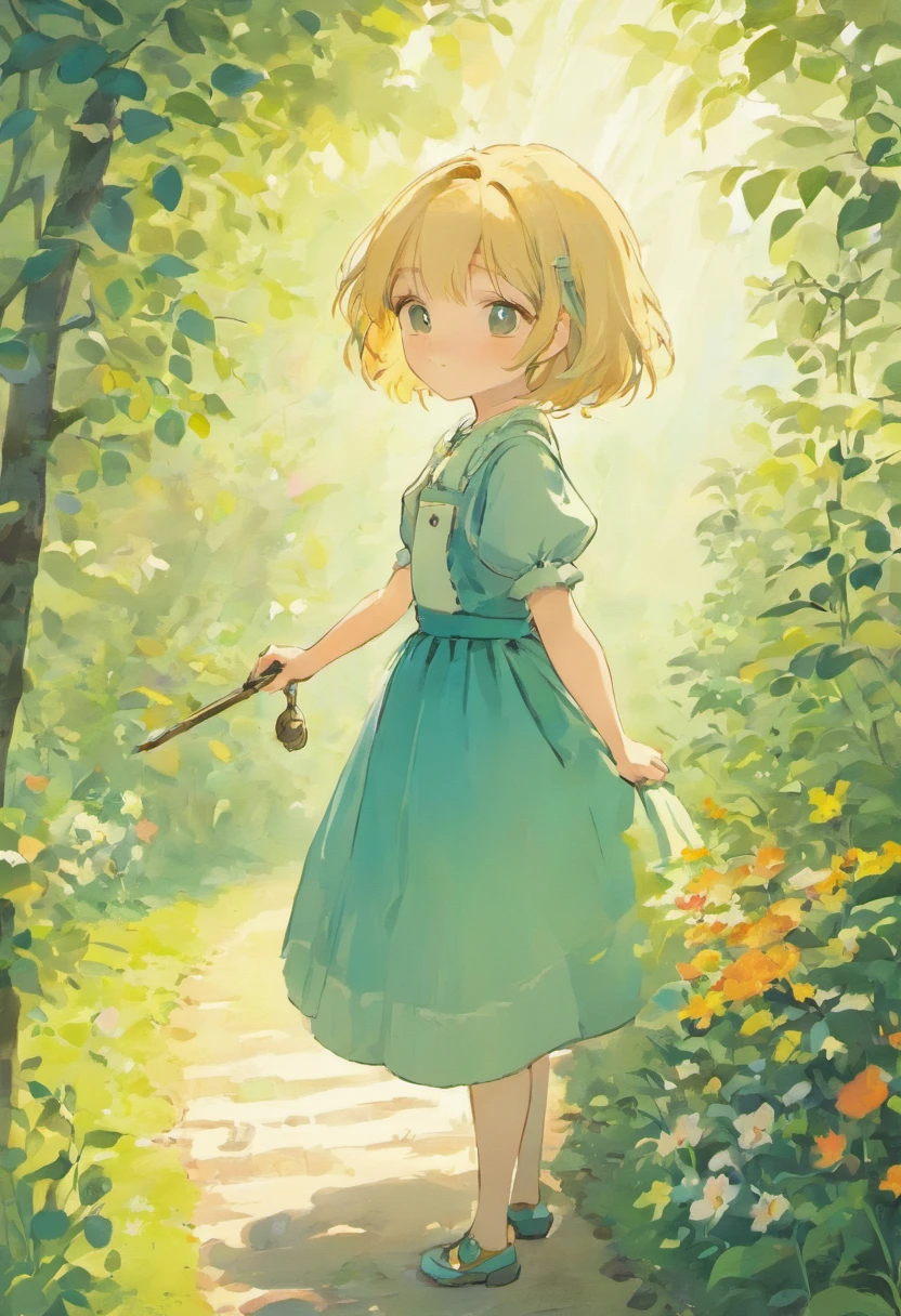 Illustration of a picture book in the style of Beatrix Potter, Shows a girl in the garden.Girl Blonde Hair, hairstyle is short bob, The girl wears only a green dress, The dress is short-sleeved, There is no white color in the dress, Side Angle, Girls are watching this, Anatomically correct pose, The illustrations are attractive and exquisite, Soft colors and details.