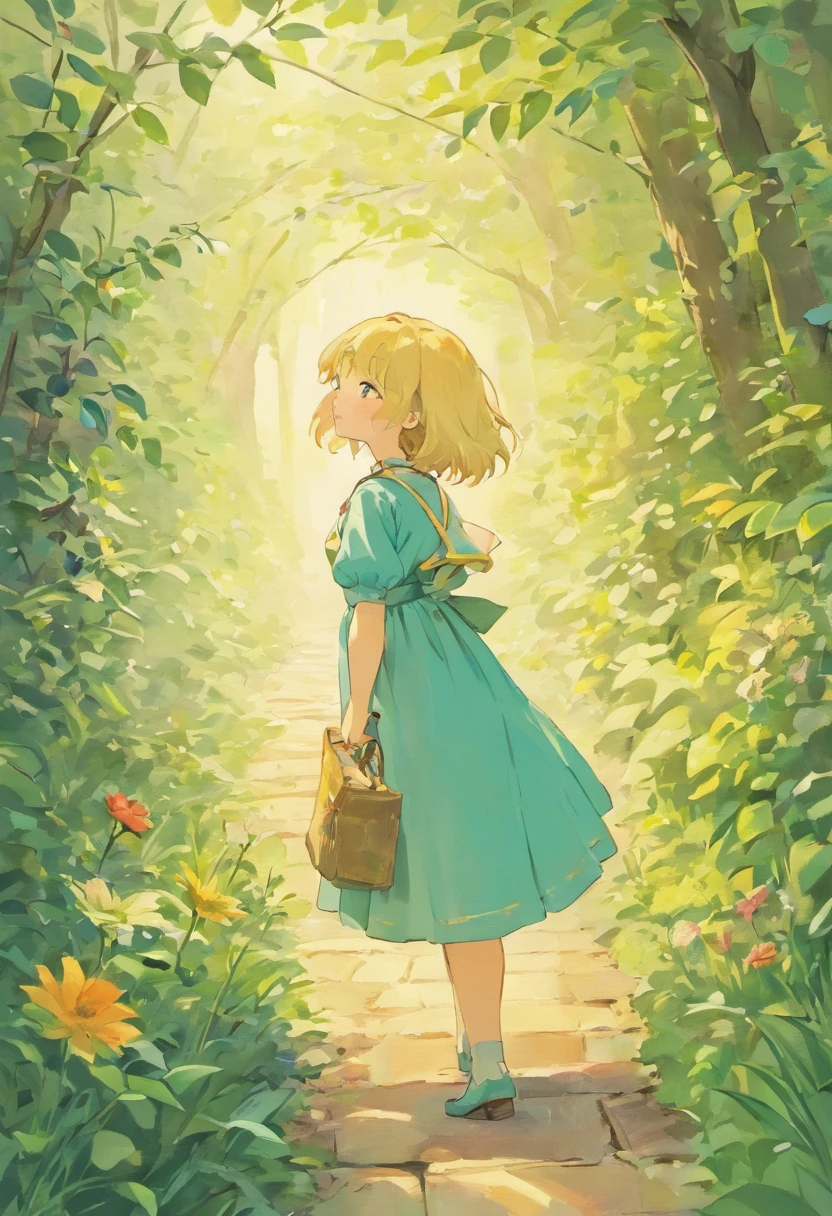 Illustration of a picture book in the style of Beatrix Potter, Shows a girl in the garden.Girl Blonde Hair, hairstyle is short bob, The girl wears only a green dress, The dress is short-sleeved, There is no white color in the dress, Side Angle, Girls are watching this, Anatomically correct pose, The illustrations are attractive and exquisite, Soft colors and details.