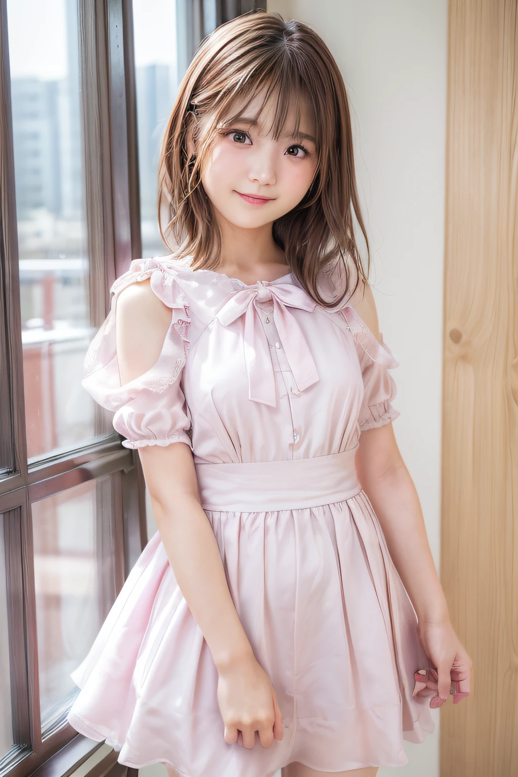 ((Top image quality、8K、​masterpiece：1.3))、Realistic high-quality photos、top-quality、girl cute-fine face、13 years old beautiful Japan girl、Photo of slim little girl model、Beautiful girl model、young japanese girl、Young cute face、japanaese girl、13-year-old female model、Beautiful Model Girl、The innocent look of the girl next door、lovely delicate face、Brown hair、Beautiful brown eyes、Tear bag、drooing eyes、young body、(Full body shot), Silk Hot Pink Color Dress, ((Idol Costumes)), Smile