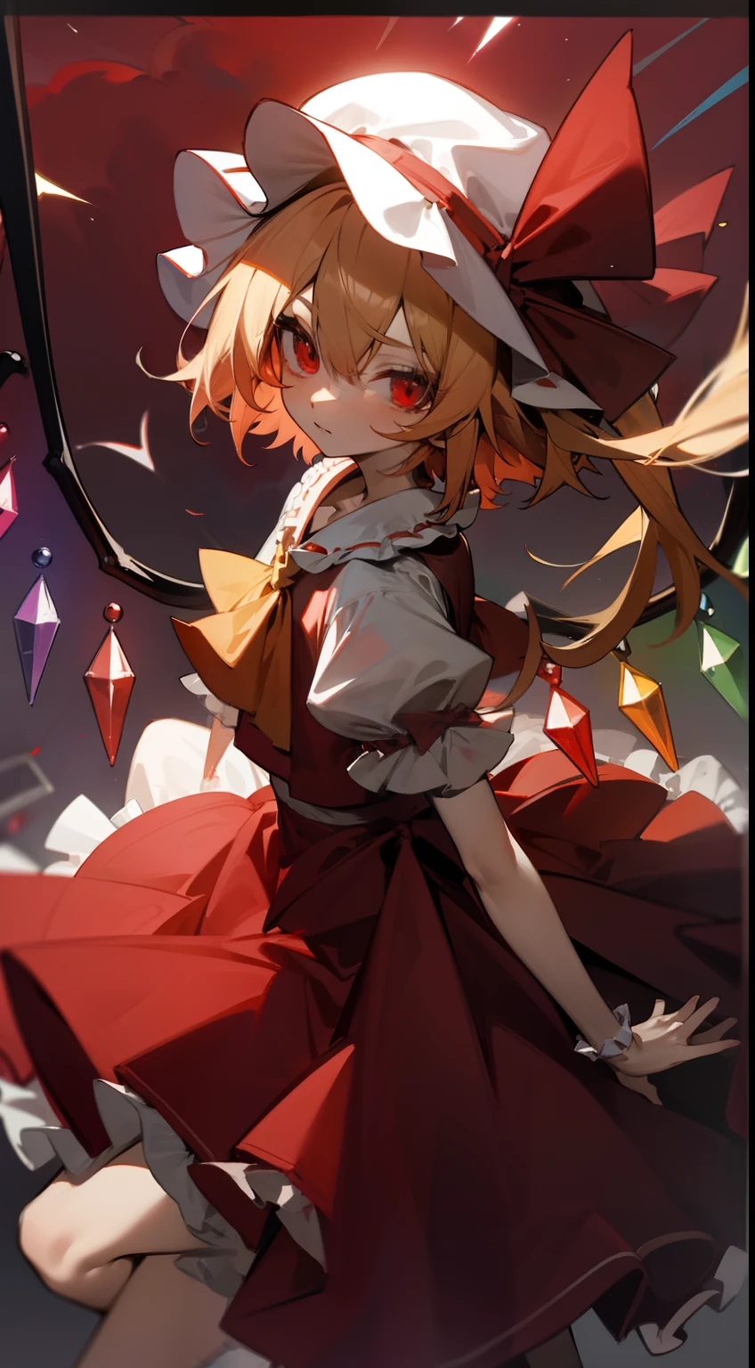 Flandre Scarlet Sky hat stands looking into the camera night