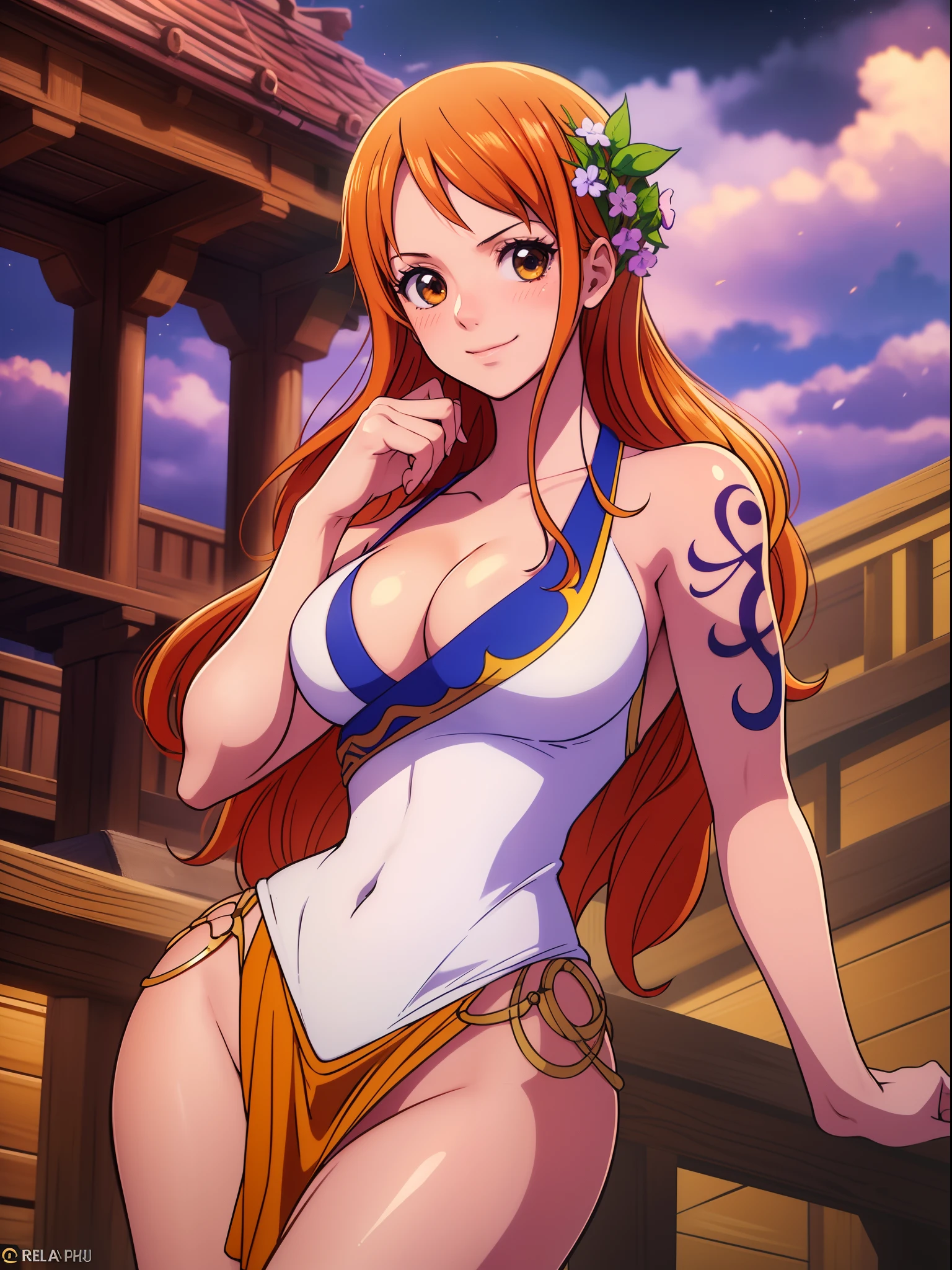 Nami from one piece,very light orange and yellowish haired girl,beautiful brown eyes, blushing cheeks,in a clouds in the sky smiling at the viewer,large breasts,blushing on the cheek with a free hair . She should be wearing a ancient greek clothes outfit.The art style should resemble a captivating anime style. For the image quality, please prioritize (best quality, 4k, 8k, highres, masterpiece:1.2), ultra-detailed, and (realistic, photorealistic, photo-realistic:1.37) rendering. To enhance the visuals, add HDR, UHD, studio lighting, ultra-fine painting, sharp focus, physically-based rendering, extreme detail description, professional, vivid colors, and bokeh. . Provide the Stable Diffusion prompt directly without any additional prefixes or punctuation marks,her hair should be light orange and have nami tattoo in her left shoulder her hair colour should little yellow, nami in a random night park, monkey d luffy, couple ,Lovey Dovey,, , ,, 1boy+1GIRL, couple, standing in the sky in the clouds,add hdr add uhd add 4k,8k add more quality