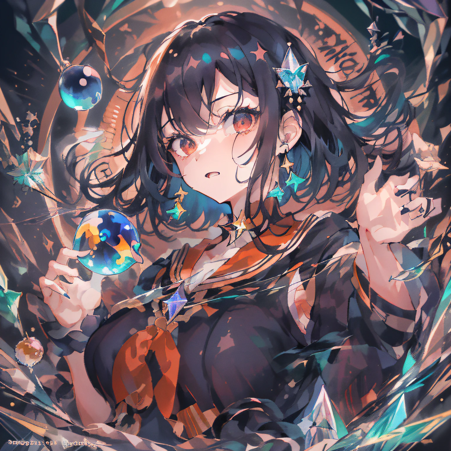 (masutepiece, Highest Quality), High resolution, (Illustration:1.3), Black hair, short-cut, 小柄, Colossal tits, (a sailor suit:1.1), Girl doing fortune telling, natta, starrysky, (Large crystal balls floating around the body:1.2), Fantastic atmosphere, serious facial expression,A mysterious place,(Girl looking into a crystal ball:1.3)