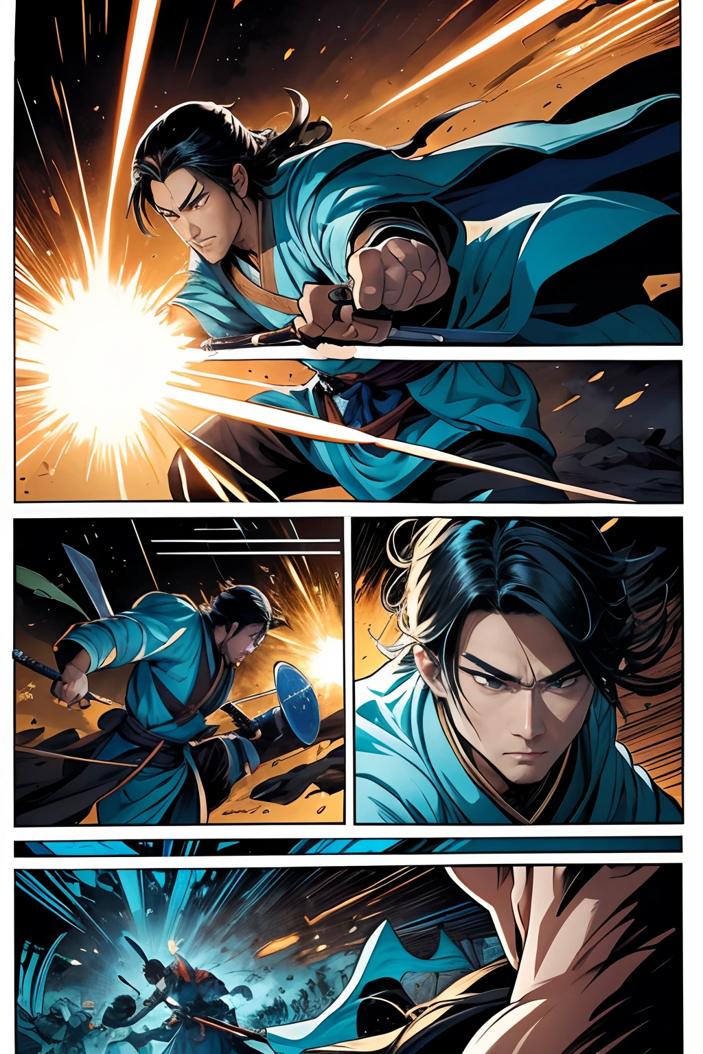 （illustration）comic page，There are multiple panels on the page：《The legend of the Shushan swordsman》cinematic ligh，Ancient male swordsman，Clear facial features，The eyes are grim，Blue-white tuned tunic，Holding a sword in hand， It shows the clear lines of the film。Multiplayer fighting action，Vivid lighting，Vivid colors。lightand shade contrast。【Wide-angle lens burst】::Battle of the Bamboo Forest，breathtaking moment，Loose shot - niji 5 --Q 2 --- 16K。 (Comics-like panel layout, Voice balloons, English text, Hand drawn sound effect stickers used in comics)