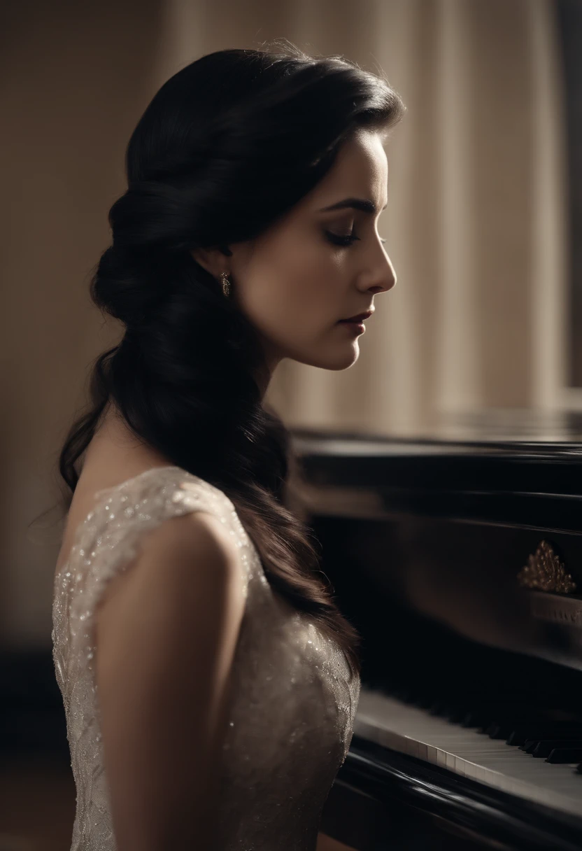 A woman playing a piano Black sleeveless dress Hair fluttering in the wind Eyes are sideways Black Long Hair No bangs The hair is divided into the central part Solid white background photo-like