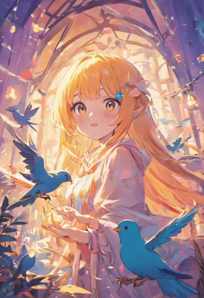 (birds,cute,kids book illustration,simple) (bright colors,pastel colors) (soft lighting) (best quality,highres)