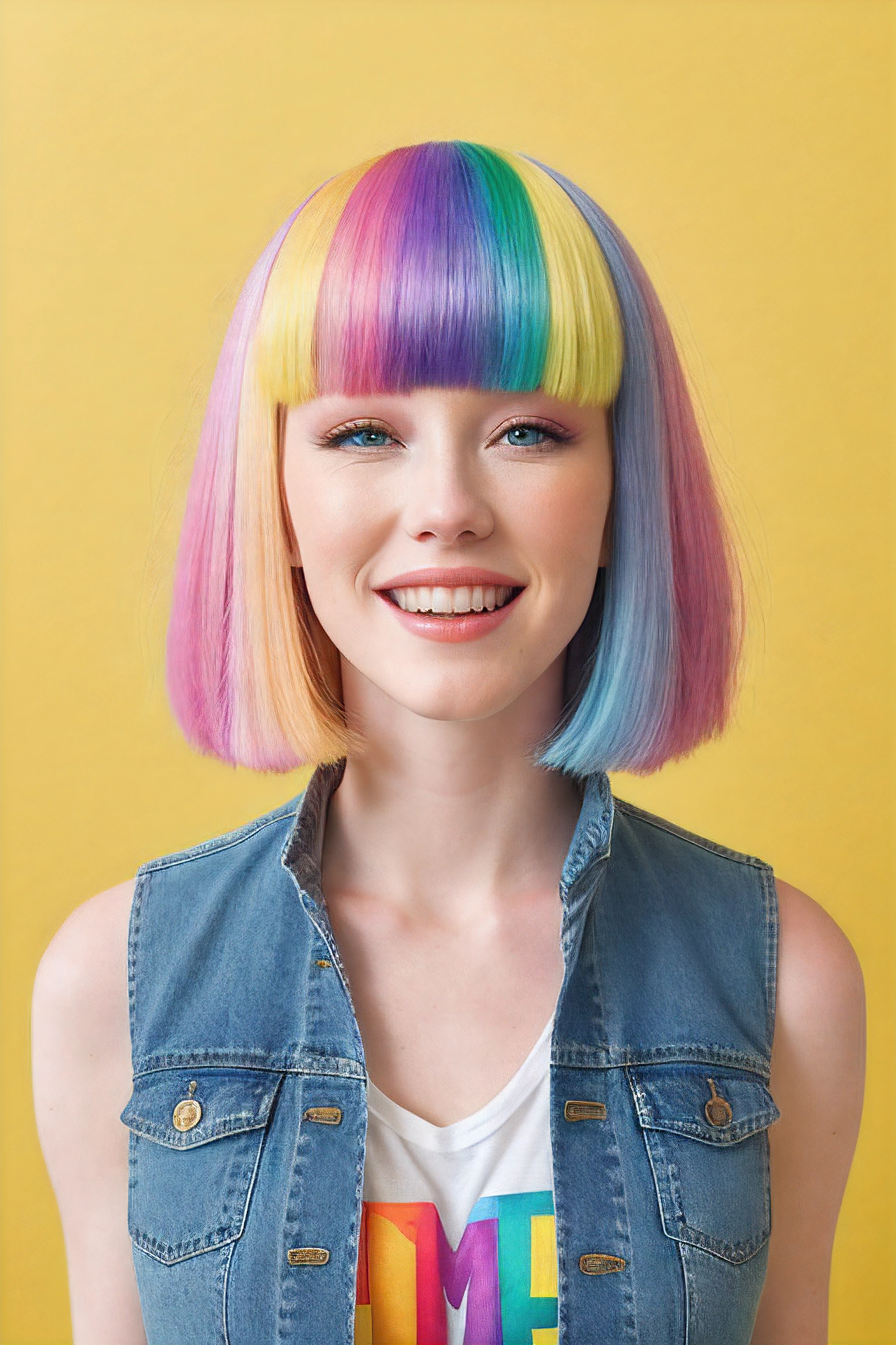 beautiful American college woman, denim vest, buzz cut ,smiling square hairstyle, straight hair, rainbow hair, gradient on the hair, short hair, yellow t-shirt, purple shiny background, glitter, muted colors, hyper detailed POV, by lee jeffries, nikon d850, film stock photograph ,4 kodak portra 400 ,camera f1.6 lens ,rich colors ,hyper realistic ,lifelike texture, dramatic lighting , cinestill 800,
