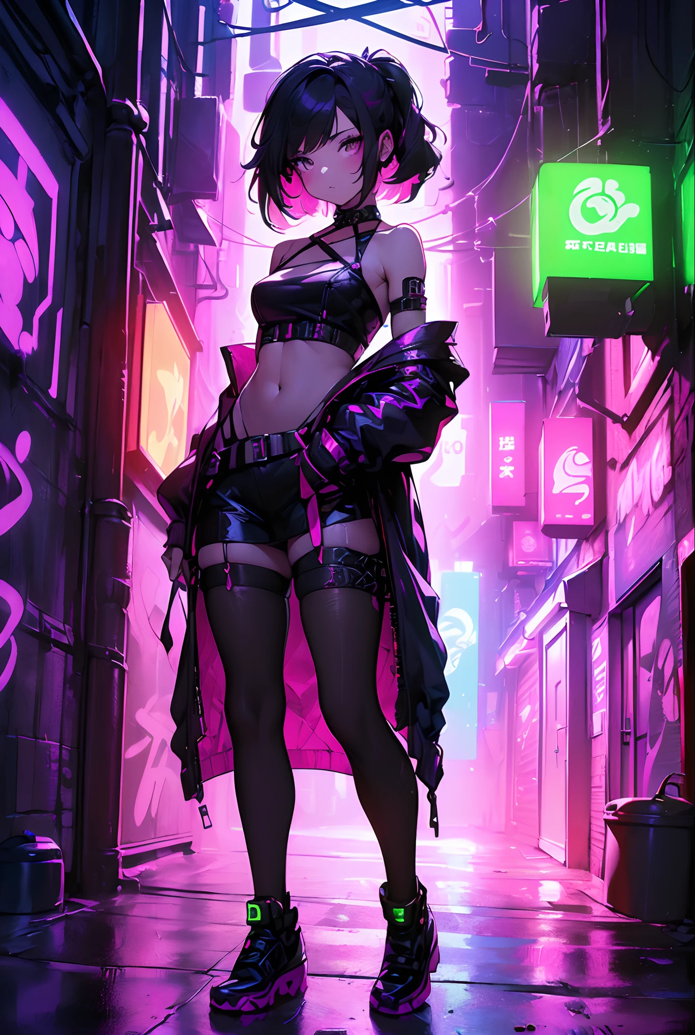 ((masterpiece))((highest quality))((27 year old girl,shoulder length highlight hair ))((she's seductively standing alluringly sexual revealing herself through opening her outfit )). ((Background is a Highly detailed cyberpunk club with multicolor LED lights. Graffiti .Luminous.))4k.