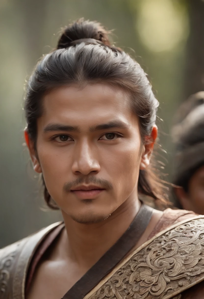 a warrior during the Majapahit era, with a sharp and brave gaze, wearing ancient Javanese war armor, carrying a sword, southeast Asian Male, masterpiece, best quality, detailed beautiful delicate face, detailed beautiful delicate eyes, a face of perfect proportion, clear skin texture, ultra-detailed body, soft cinematic light, max detail, real life, ultra-realistic, insane details, intricate details, hyperdetailed, hyper quality, great detail, ultra-detailed, extremely detailed, High definition, High-quality texture, High-quality shadow