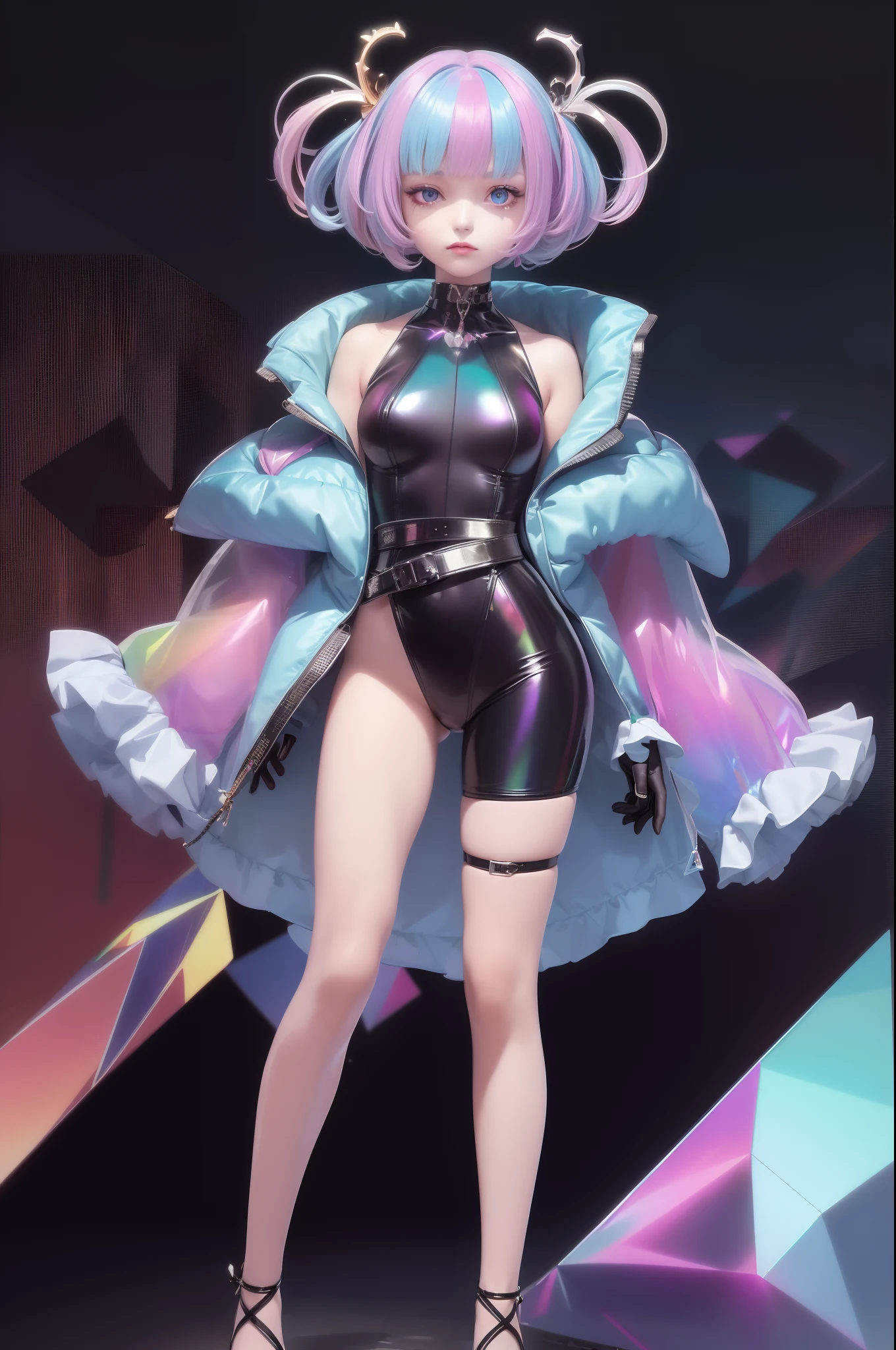1 girl wearing colorful transparent pvc loose coat and shoes ((((film interference)), full body, perfect waist-hip ratio, prism, beautiful eyes, brilliance, jewelry, portrait, game original art, anime character concept design, beautiful face, black background