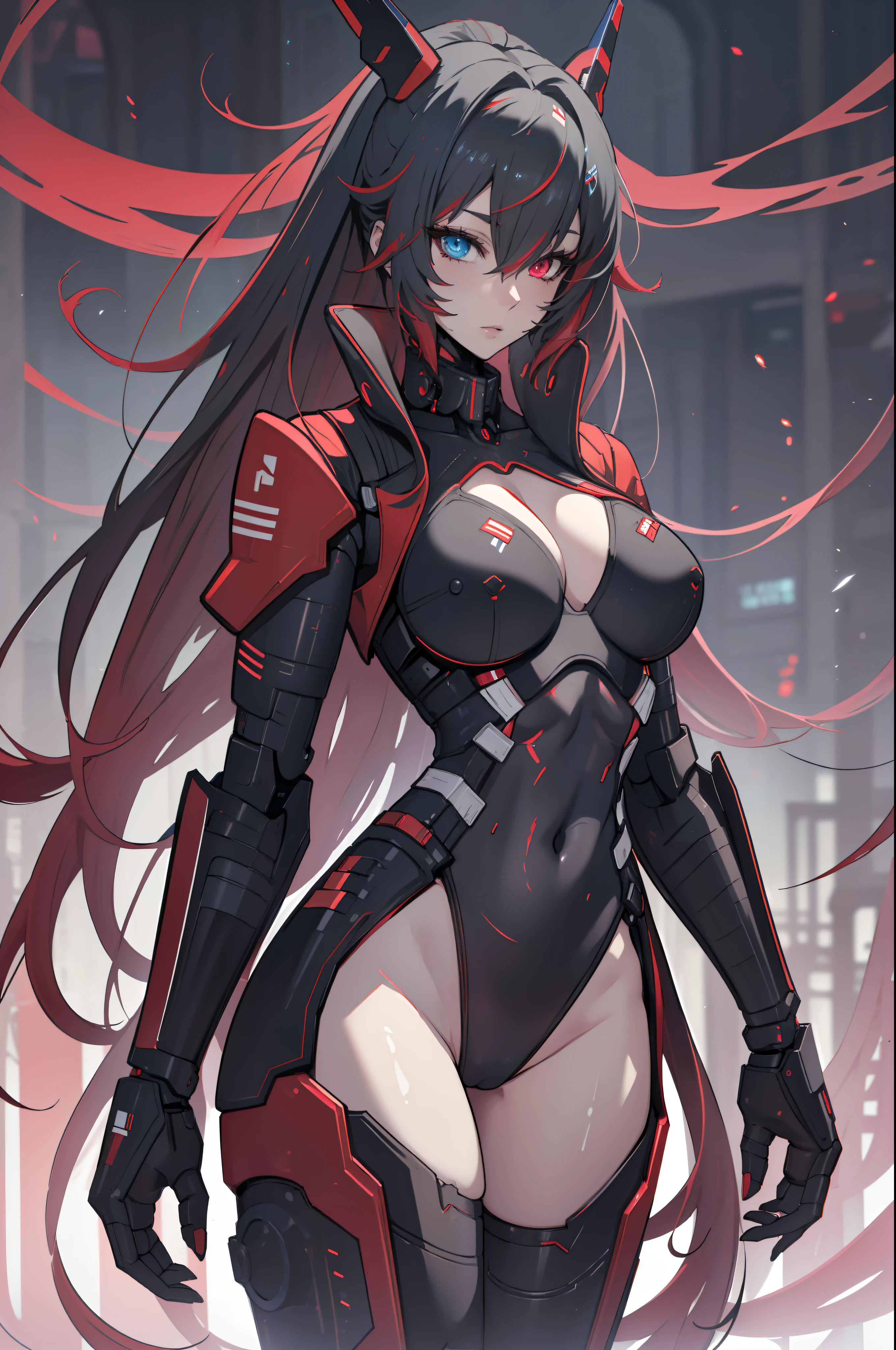 (best quality, Top image quality, 8k, masterpiece, anime) (solo) (black hair with red and white highlights:2.5, very long flowing hair), (heterochromia eyes red and blue:1.4), thick thighs, (huge breasts:1.3), muscular, (athletic:1.3), cyborg, (android mecha arms:1.4), (android mecha legs:0.8), (see-through leotard, high-cut leg:3.5, one-piece:1.9, red:1.5, black:1.5, cleavage), (jacket, black:1.3, red:1.2), (small forward facing black mecha horns:1.1), gauntlet, mecha skin, toned body, (solo) 1 woman (age 30), Katana sword, beautiful, sexy, lucia, Lucia_Crimson_Weave, mecha, cybernetic, android, robot joints, mechanical parts, headgear, mecha musume