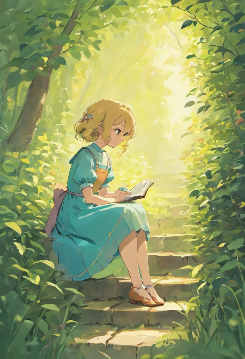 Illustration of a picture book in the style of Beatrix Potter, Shows a girl reading in the garden, Girl Blonde Hair, hairstyle is short bob, The girl wears only a green dress, The dress is short-sleeved, There is no white color in the dress, Side Angle, The girl is looking at this side, Anatomically correct pose, The illustrations are attractive and exquisite, Soft colors and details.