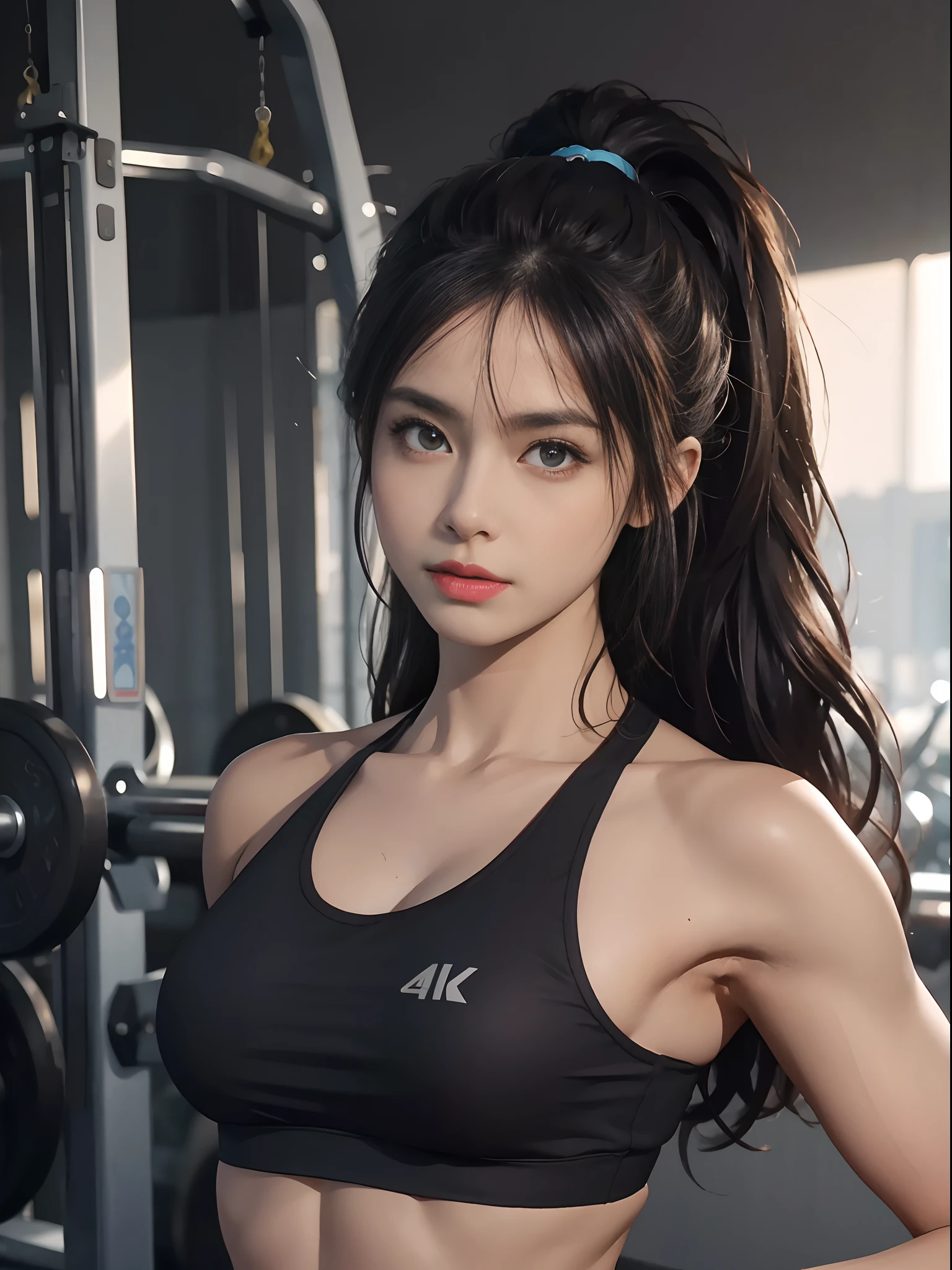 Portrait Photogram,The background is blurred out,hight contrast,high saturated,A woman who is,Muscles throughout the body,The muscles are well defined,Hold the barbell,in the gym,Fitness,hentail realism,ultra-realistic realism,Real portraits,4K,8K,Volumetriclighting