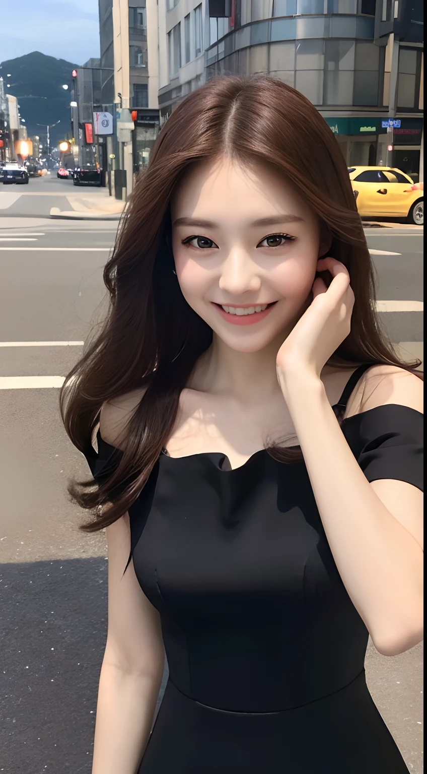 ((Best quality, 8k, Masterpiece :1.3)), 1girl, smiling, full body, slim face, Pretty woman, (Dark brown hair), full length dress :1.1, Ultra-detailed face, Detailed eyes, Double eyelid, blur background, slim face, city, outside, street,