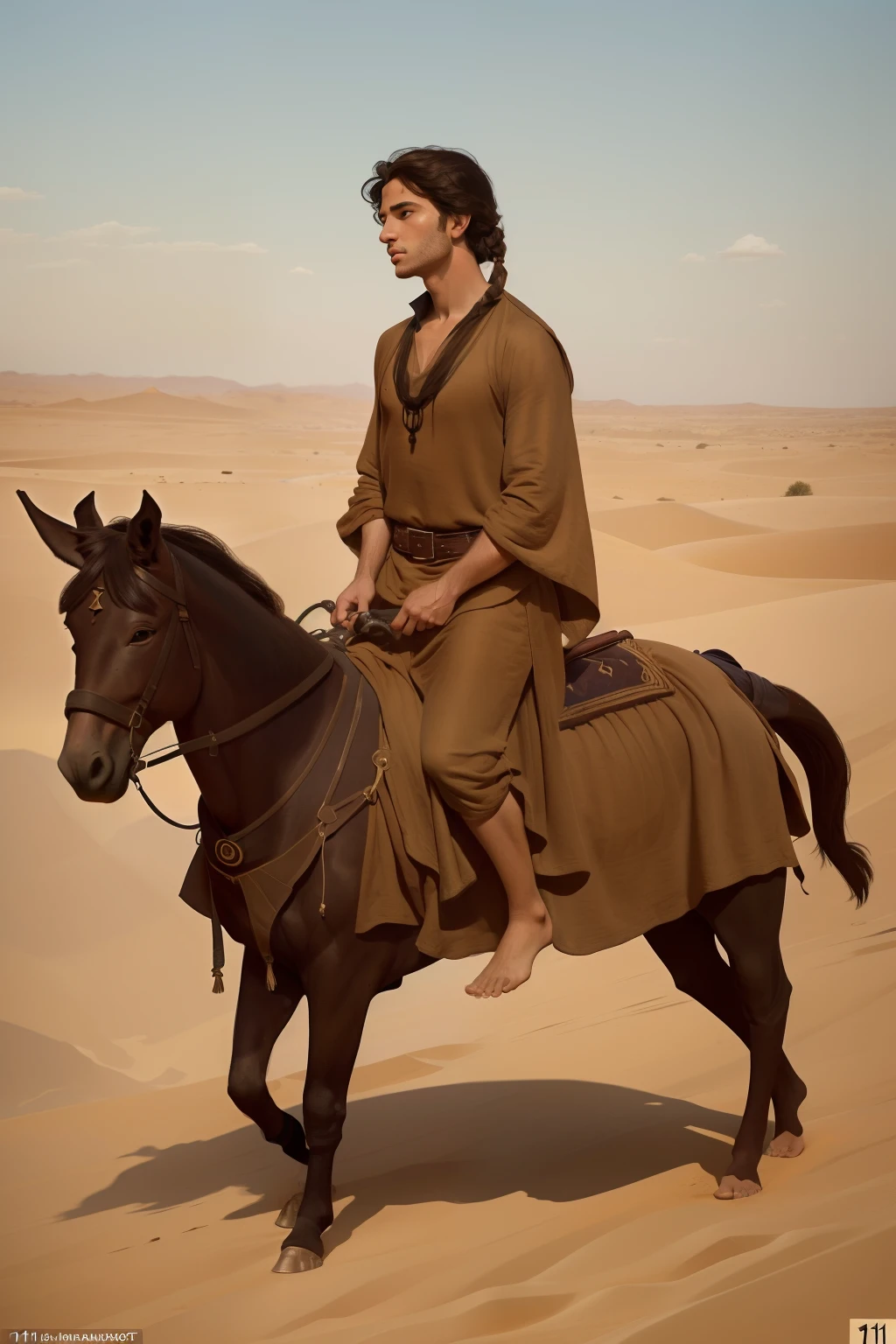 Year: 11th century. Location: Persia. ((very wide shot)) Pre-raphaelite scene with a 21-year-old jewish man, with a black caftan, crossing the dessert, hot, tired, thirsty, (donkey with saddlebags), ((((11th century plain caftan)))) ((11th century hairstyle)), (((cinematic style)))