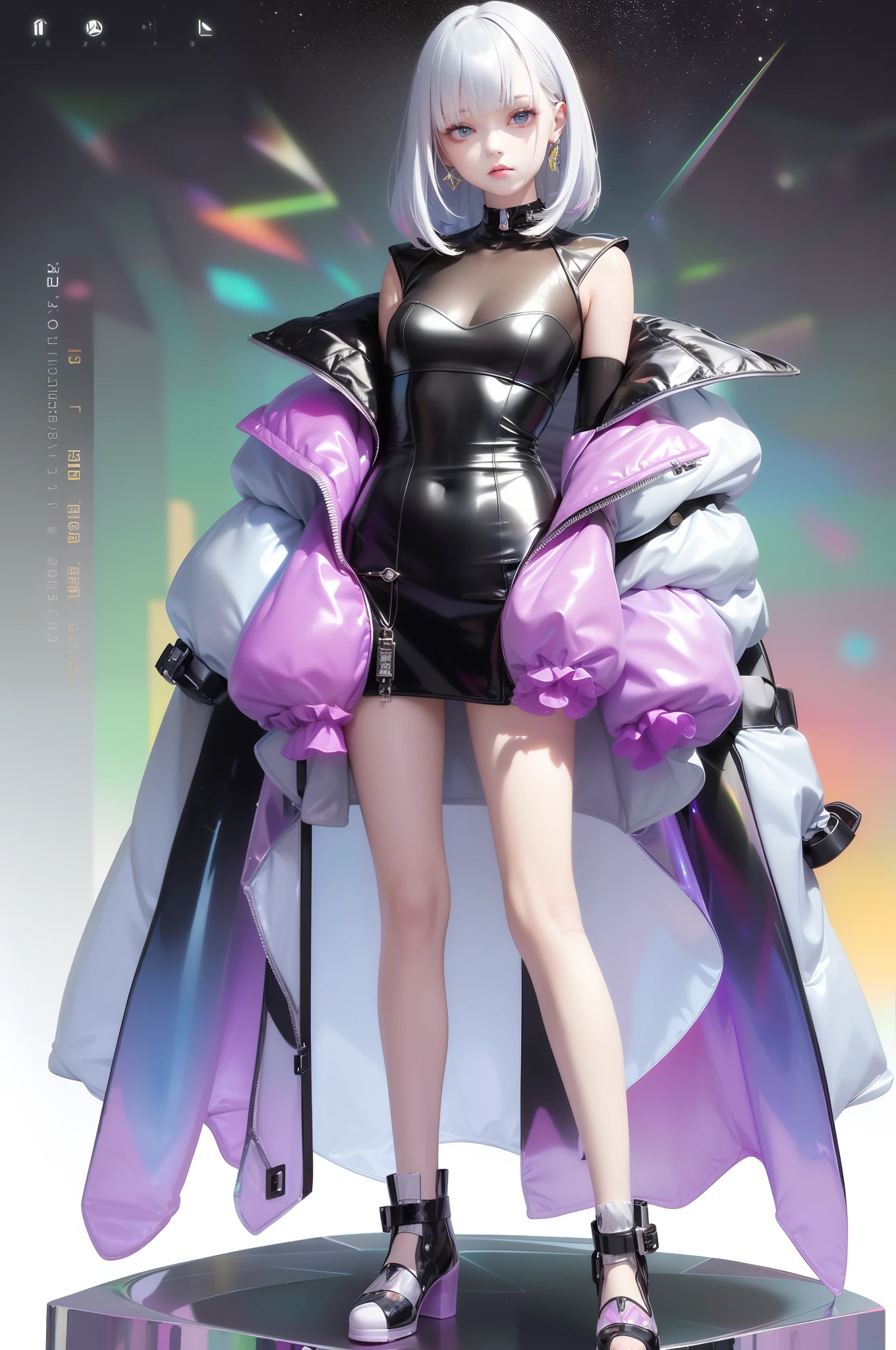 1 girl wearing colorful transparent pvc loose coat and shoes ((((film interference)), full body, perfect waist-hip ratio, prism, beautiful eyes, brilliance, jewelry, portrait, game original art, anime character concept design, beautiful face, black background