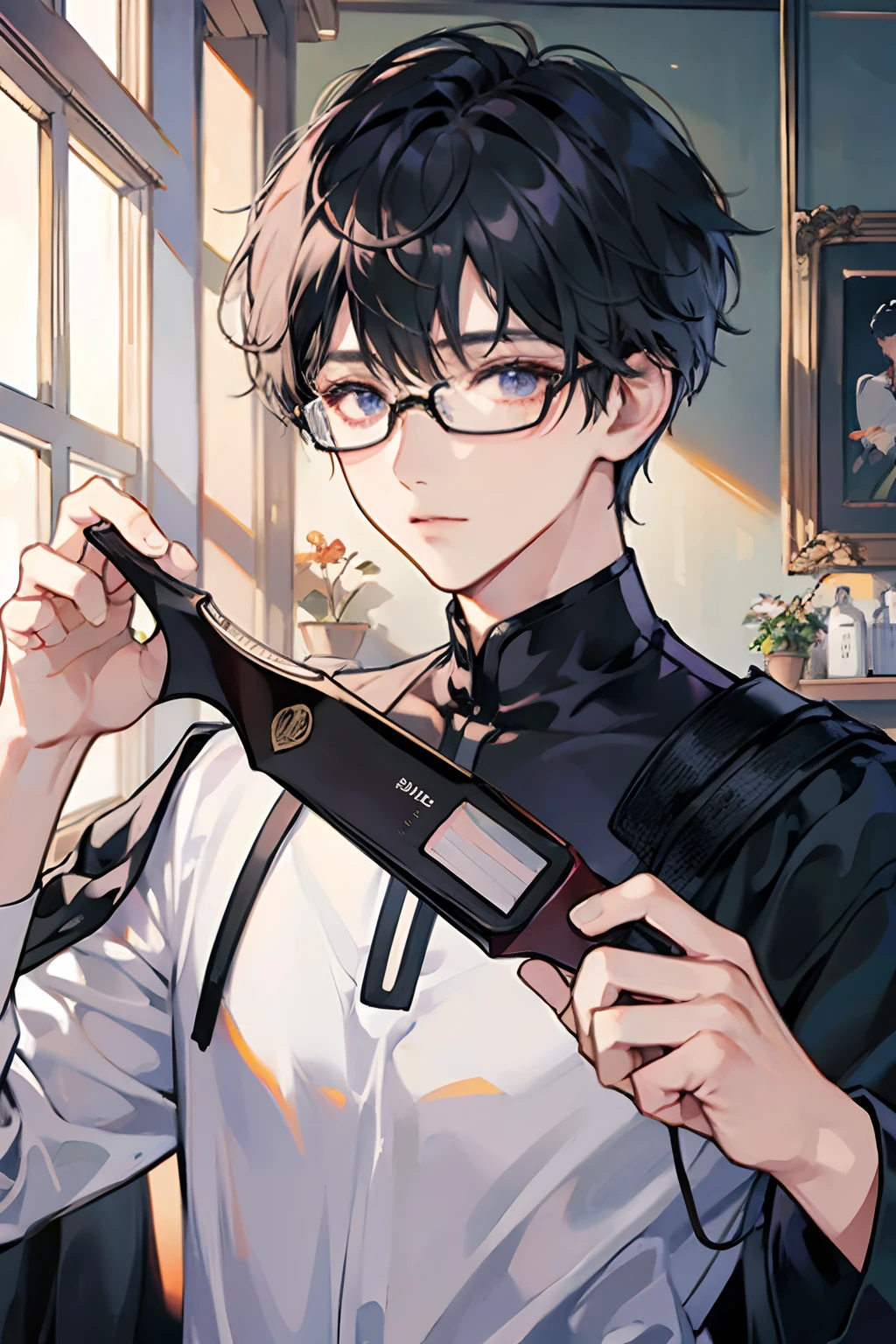 male 、A dark-haired、short-haired、eye glass、full bodyesbian、Holding shampoo in hand、The location is a beauty salon